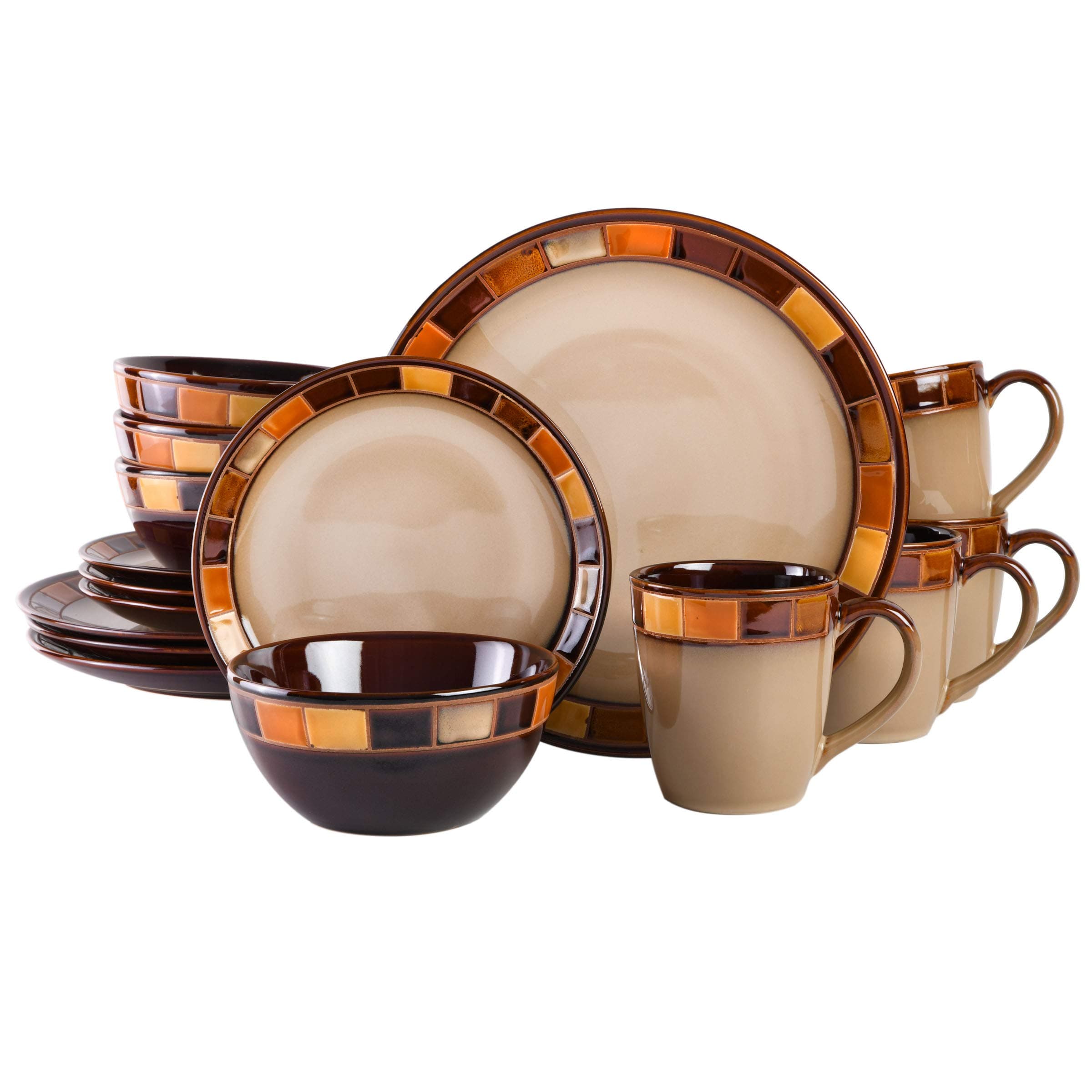 Gibson Casa Estebana 16-Piece Dinnerware Set, Service for 4 – Beige and Brown Stoneware Plates and Bowls