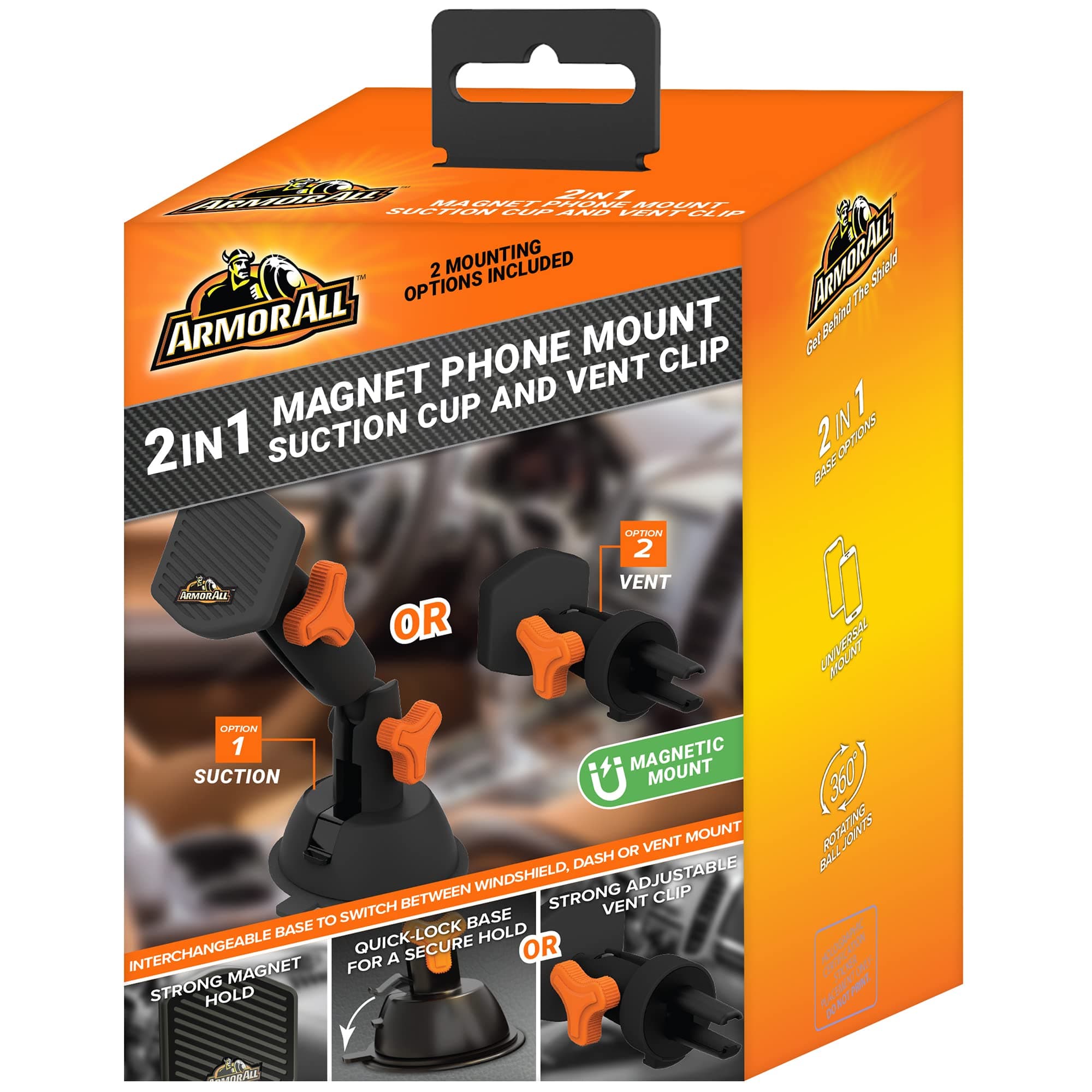 Armor All 2 In 1 Magnet Phone Mount, 3 Setup Options: Dashboard/Windshield/Air Vent, Turns Up To 360 Degrees For Ideal Angle, Cord Clip For Charging Cable, Use For Hands-Free Calls/GPS Directions