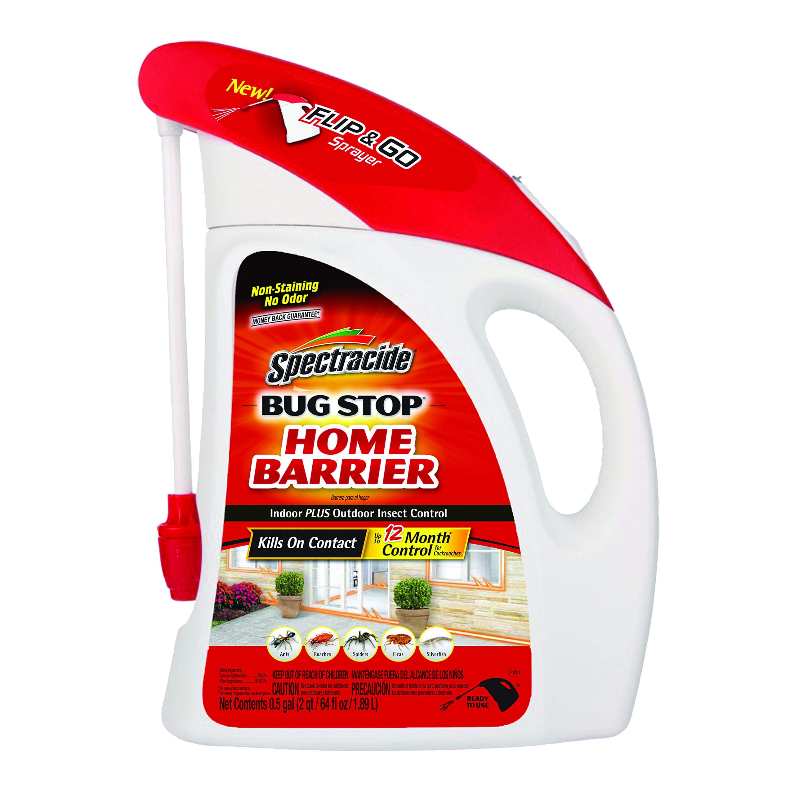 Spectracide Bug Stop Home Barrier Indoor Plus Outdoor Bug Control With Flip & Go Sprayer Kills Ants, Roaches and Spiders on Contact, 0.5 Gallon (Case of 4)