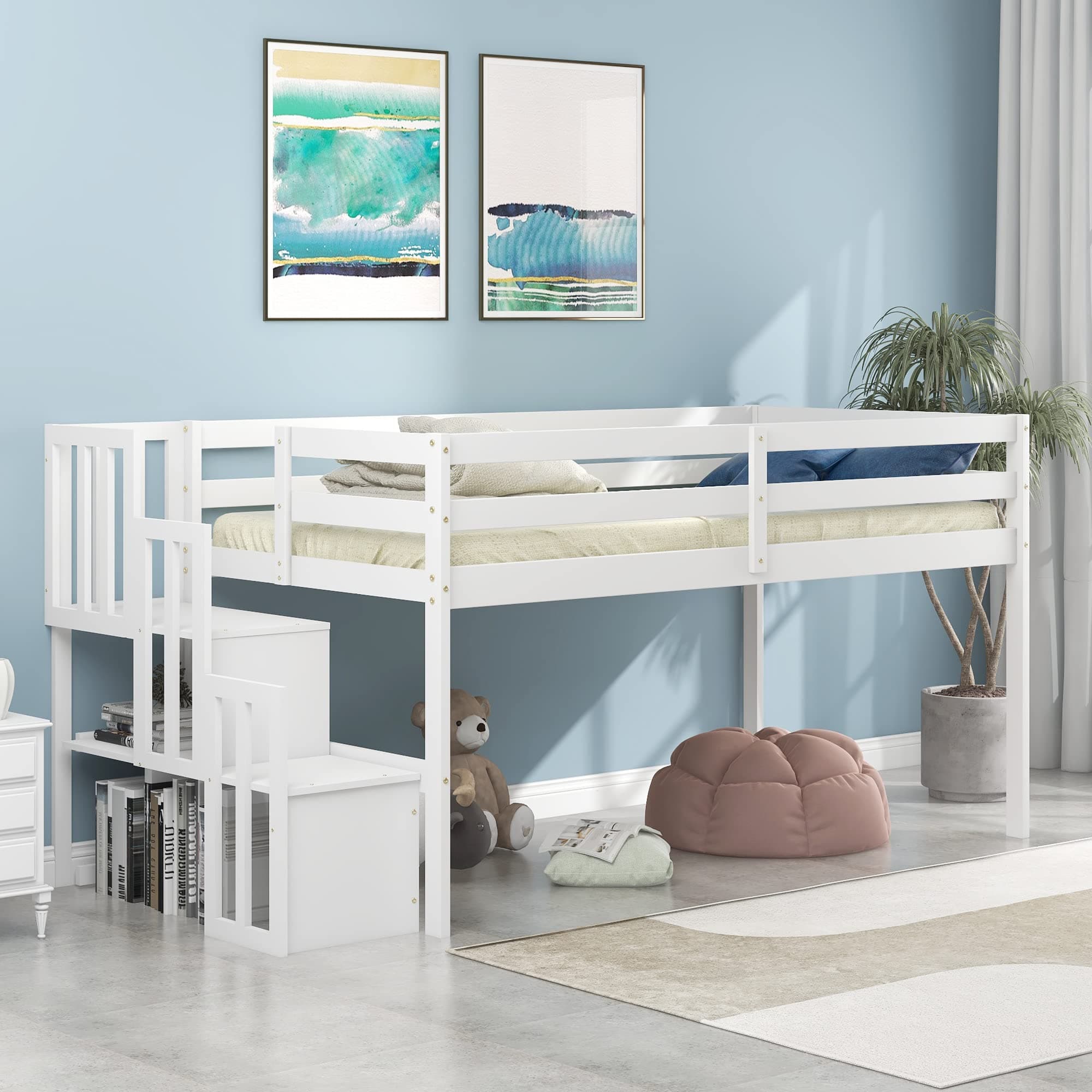 CITYLIGHT Full Size Low Loft Bed for Kids, Solid Wood Loft Bed Frame with Storage Stairs, Safety Guardrails & Wood Slats, Playhouse Loft Bed with Play Area, Easy Assembly, White