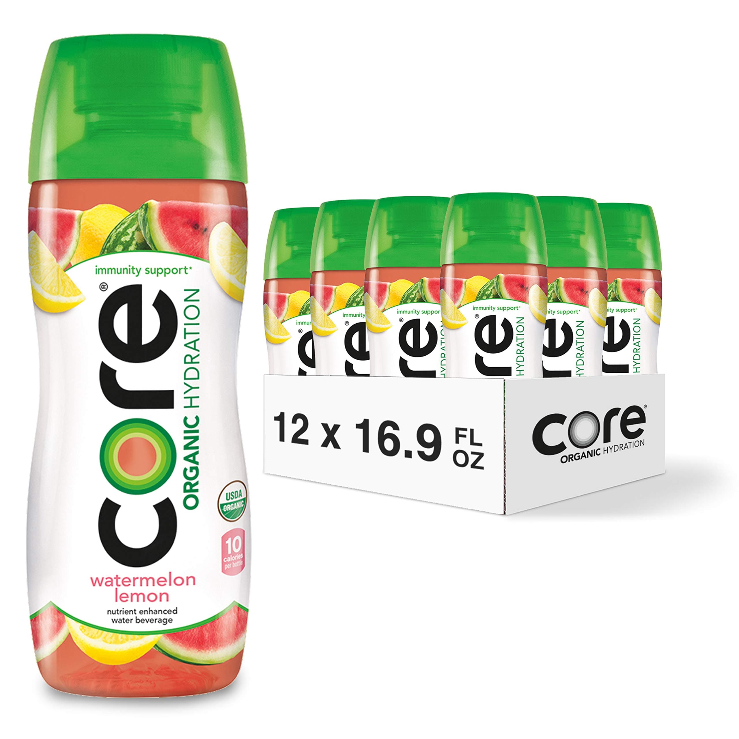 CORE Organic Hydration, 16.9 (Pack of 12), Nutrient Enhanced Flavored Water with Immunity Support from Zinc, USDA Certified Organic, Watermelon Lemon, 202.8 Fl Oz