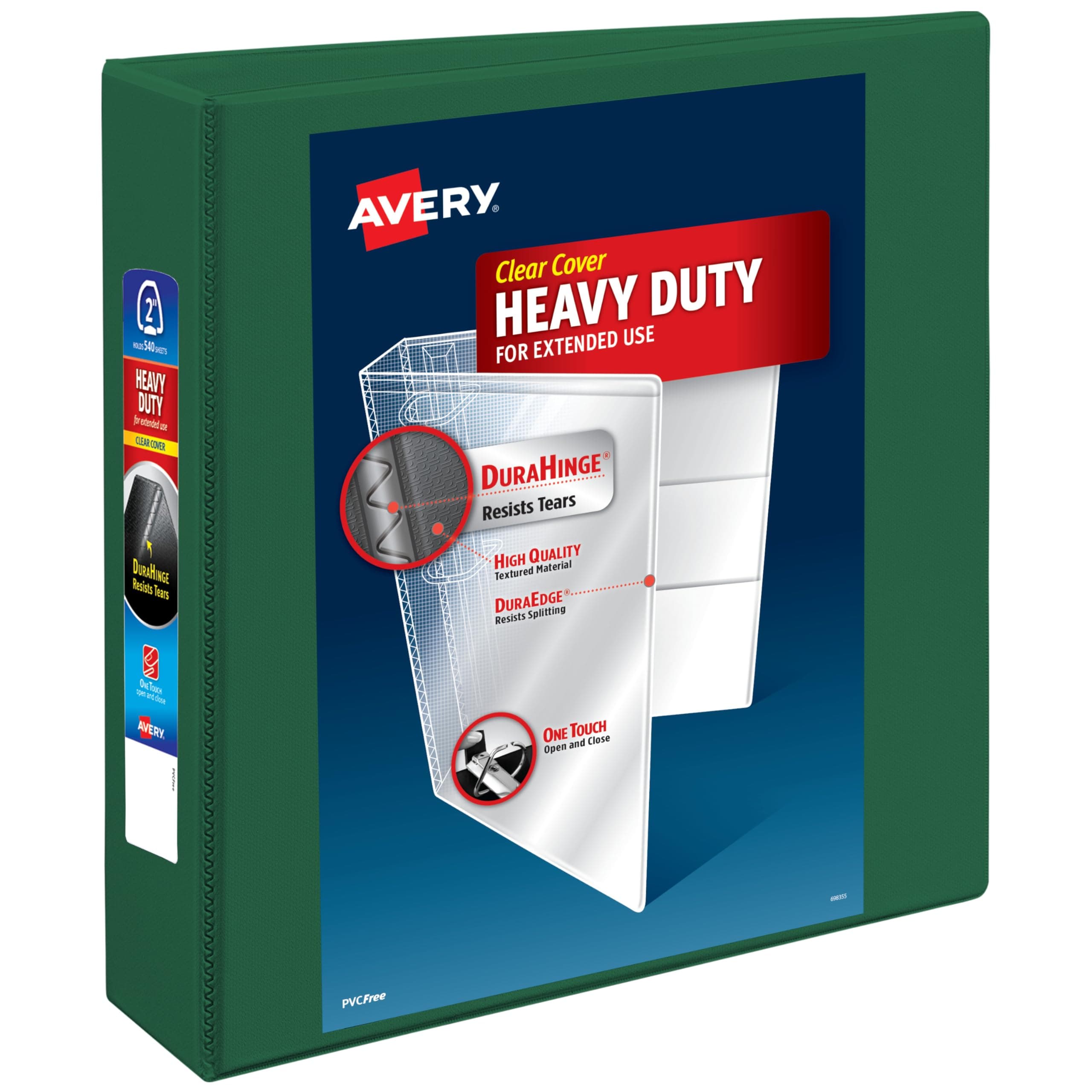 Avery Heavy-Duty View 3 Ring Binder, 2 Inch One Touch EZD Rings, 540-Sheet Capacity, 2.8 Inch Wide Spine, Customizable Clear Cover and Spine, 1 Green Binder (79683)