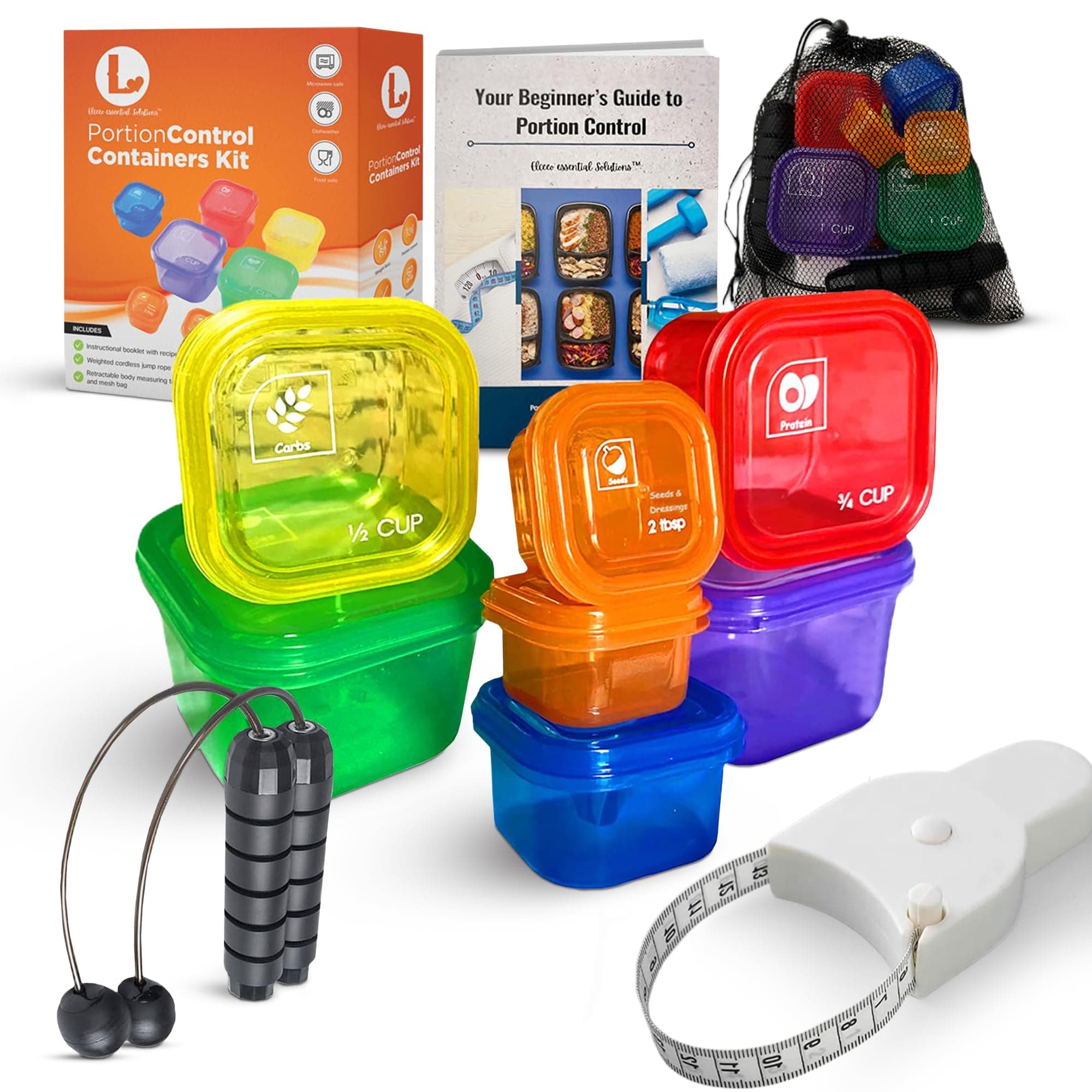 21 Day Portion Control Containers for Weight Loss with Booklet Guide - BPA Free Color-Coded Portion Control Containers, Body Measuring Tape, Cordless Jump Rope & Storage Bag