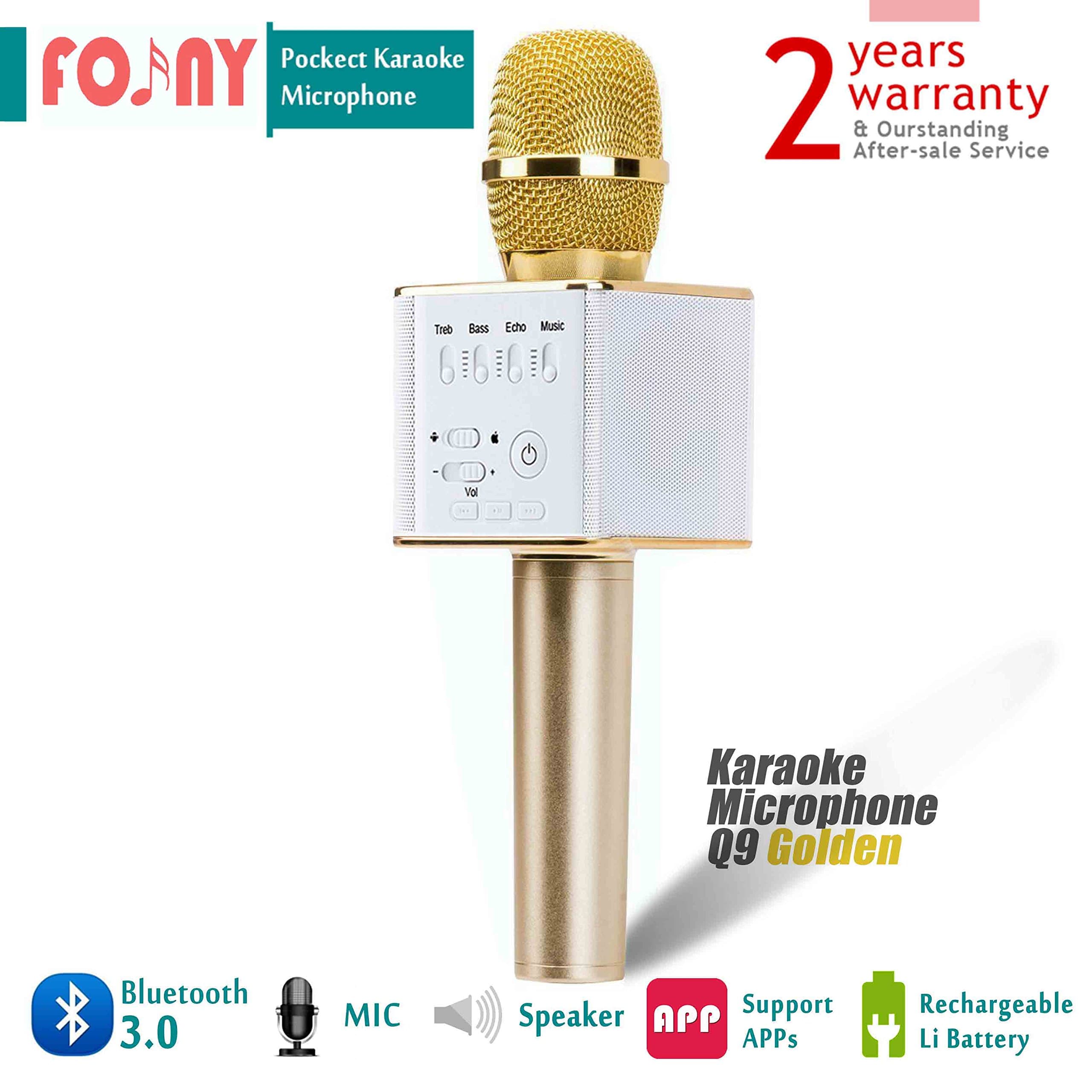 Portable Wireless Microphone Karaoke Mic / FOJNY Mini Bluetooth Handheld Speaker / Q9 Karaoke Stereo Player for Music Playing, Mini Home KTV Karaoke for Apple Iphone Android Smartphone or PC (Q9 Gold)