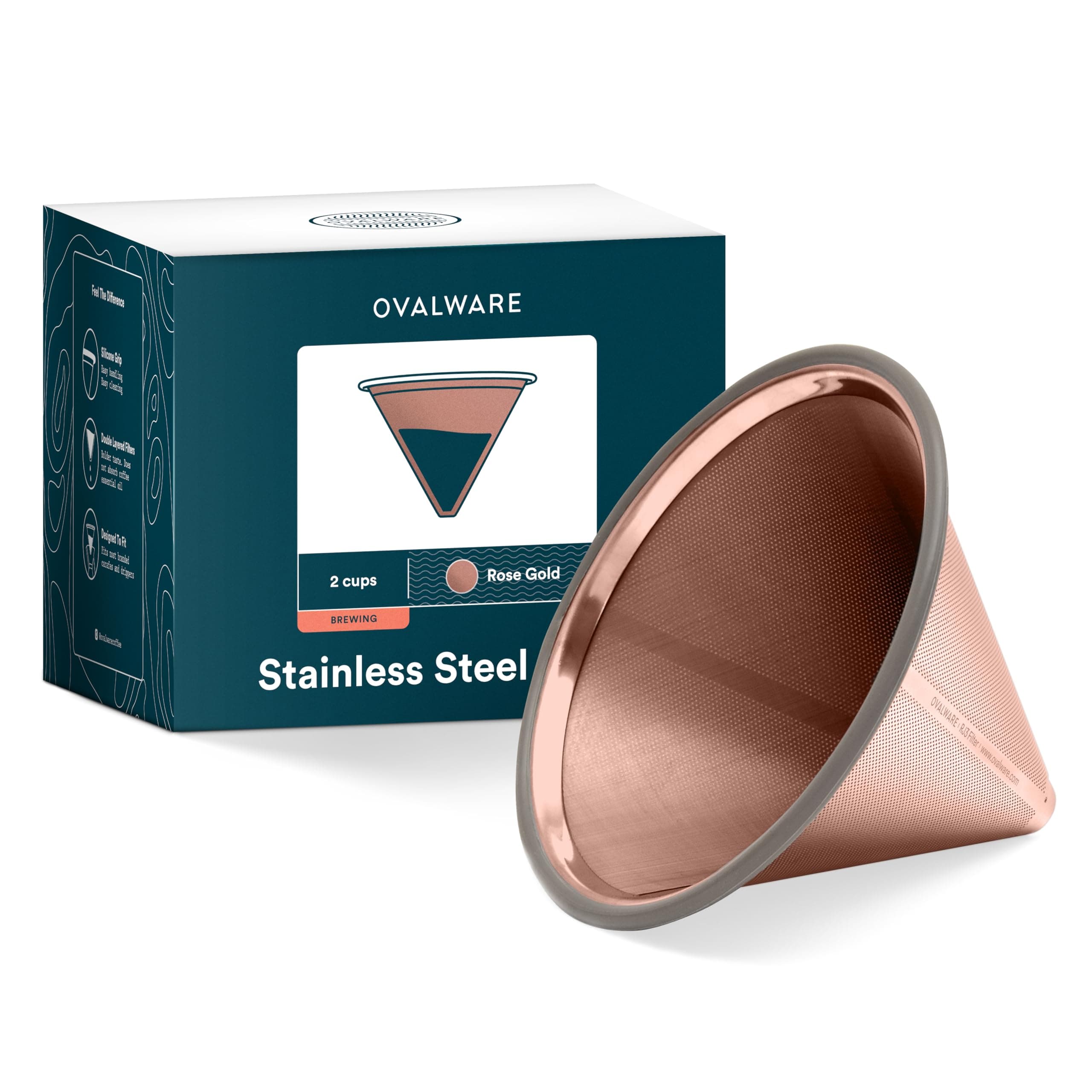 Paperless Stainless Steel Pour Over Coffee Filter – Reusable and Permanent Coffee Cone Dripper for Ovalware, Chemex, Hario and Other Carafes (Titanium Rose Gold)