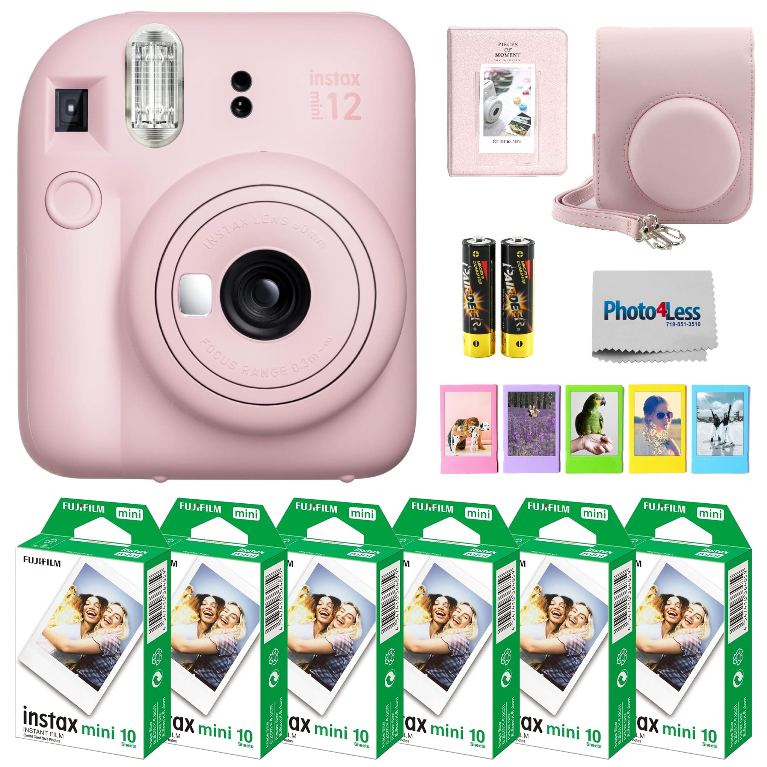 Fujifilm Instax Mini 12 Instant Camera Bundle with Fujifilm Instax Mini Instant Film Value Pack (60 Sheets) with Accessories Including Protective Case, Strap, Photo Album (Blosssom Pink)