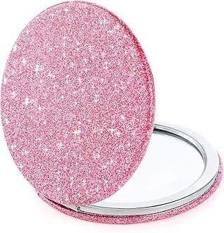 Small Glitter Compact Mirror, Folding Pocket Makeup Mirror Handheld 2-Sided 1x/2x Magnifying Cute Cosmetic Mirror Round PU Leather Mirror for Women Girls Travel(pink)