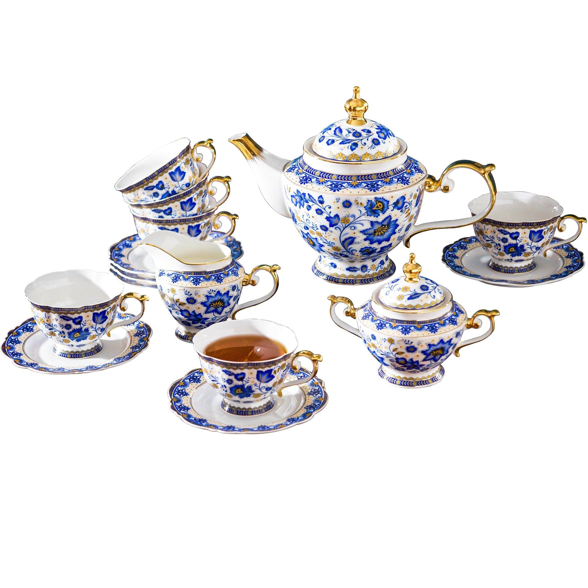ACMLIFE Bone China Tea Set for 6, Blue and White Tea Set for Adults 24K Gold, Vintage Floral British English Cups and Saucers for Women Party or Gift Giving (Blue)
