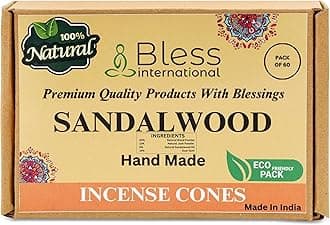 Bless International Sandalwood 100%-Natural-Incense-Cones Handmade-Hand-Dipped Organic-Chemicals-Free for-Purification-Relaxation-Positivity-Yoga-Meditation The-Best-scents (60 Count)