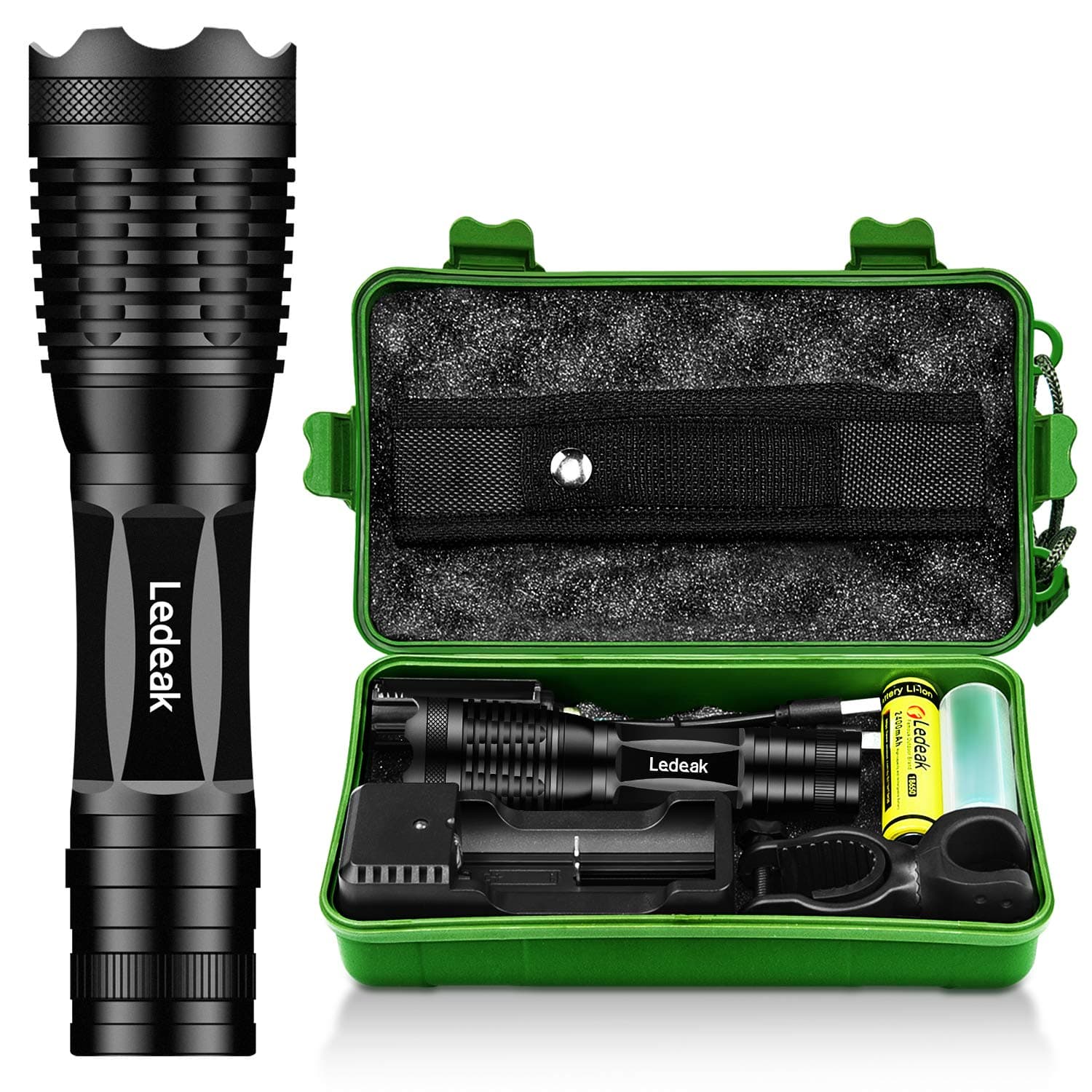 Ledeak Super Bright Tactical Led Flashlight, CREE XM-T6 1000 Lumen Torch,Adjustable Focus 5 Modes Waterproof Led Light with USB Charger,Rechargeable Battery,Handlebar Mount,Flashlight Holster