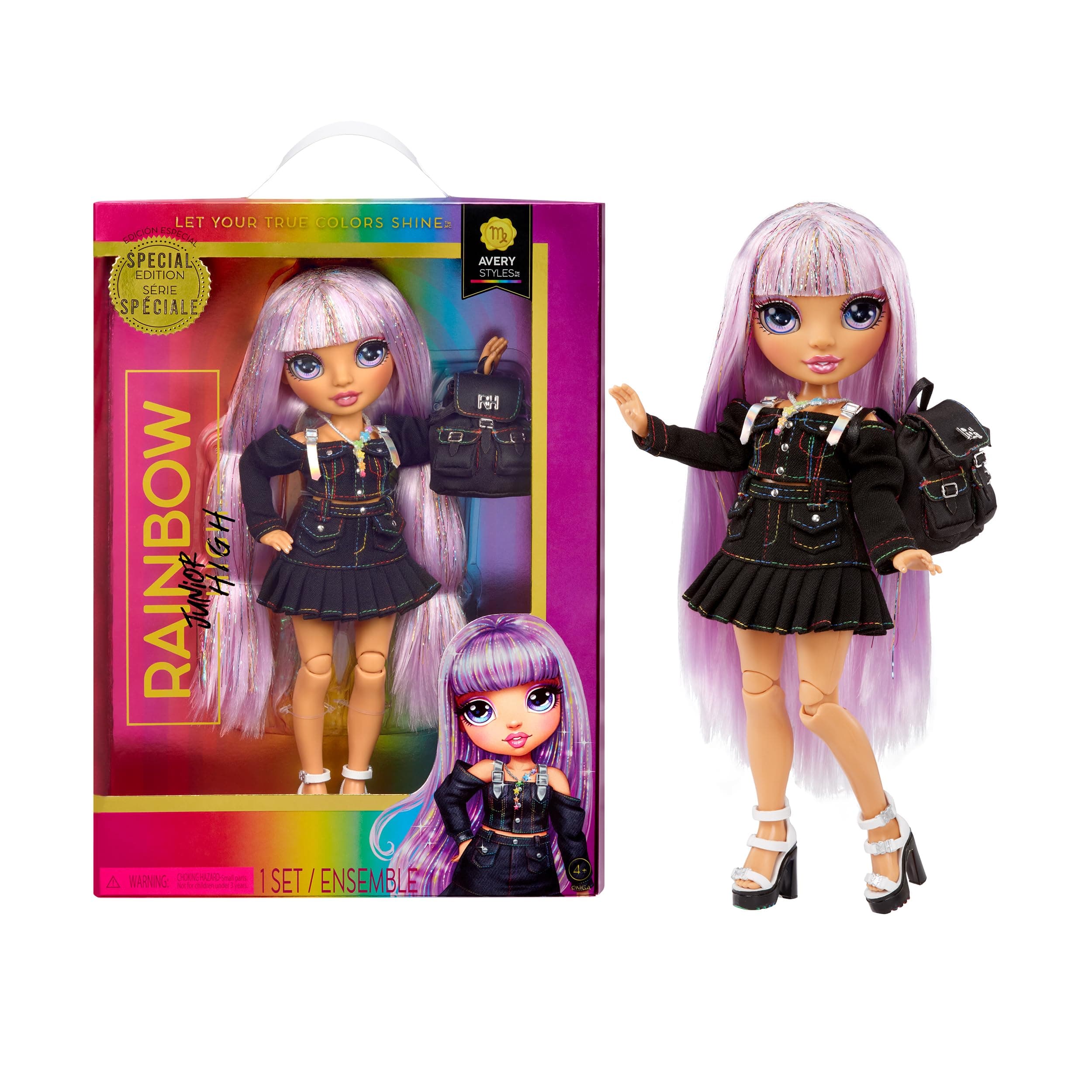 Special Edition - AVERY STYLES - 9''/22.86cm Rainbow Shimmer Hair Posable Fashion Doll with Accessories and Open/Close Soft Backpack - Great Toy Gift for Kids Ages 4-12