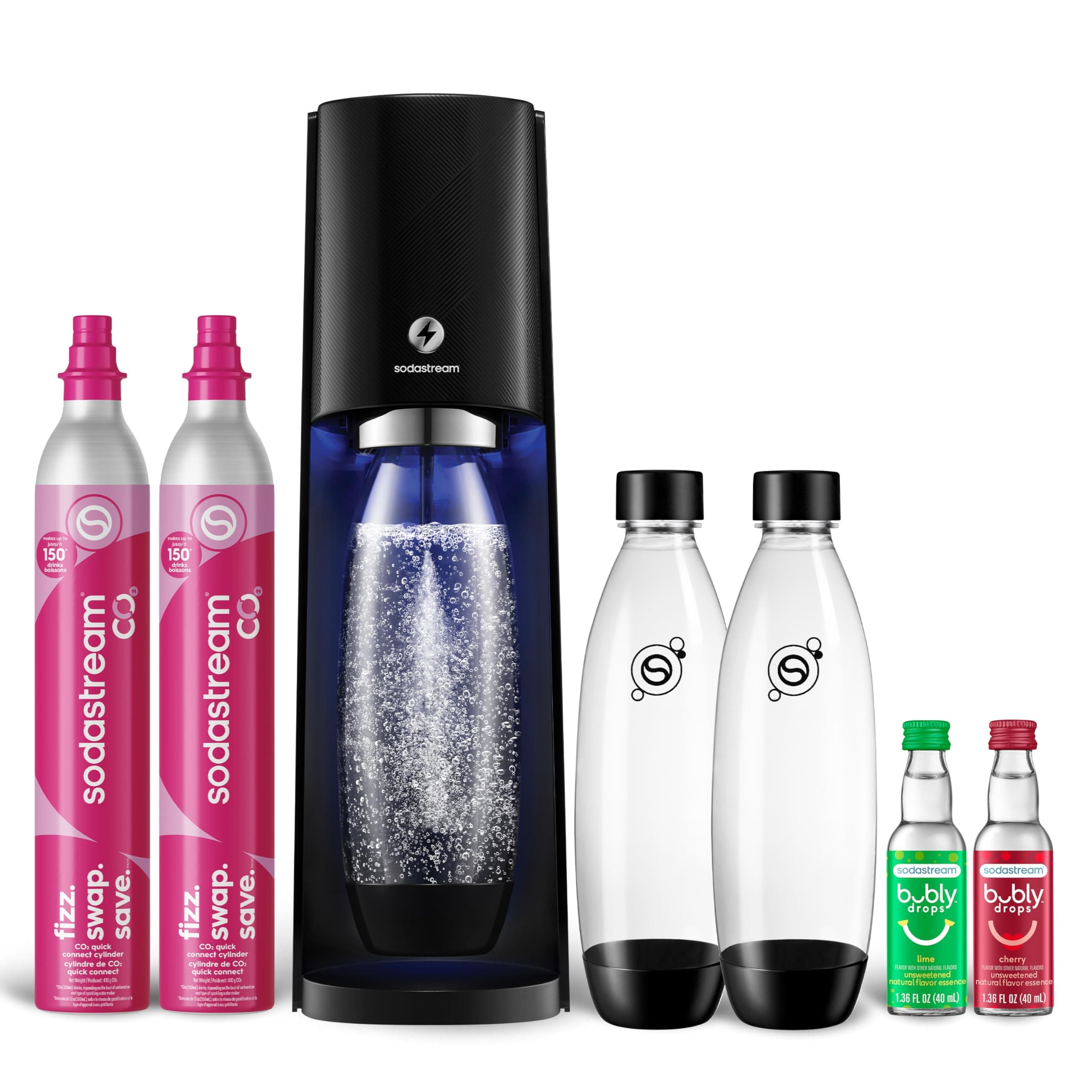 E-TERRA Soda Maker | VALUE BUNDLE | 3 Automatic Carbonation Levels | Includes 2x CO2 Cylinders, 3x 32 Fl Oz Dishwasher Safe Bottles, 2x Bubly Fruit Flavor Drops, 1x Power Adapter | Black