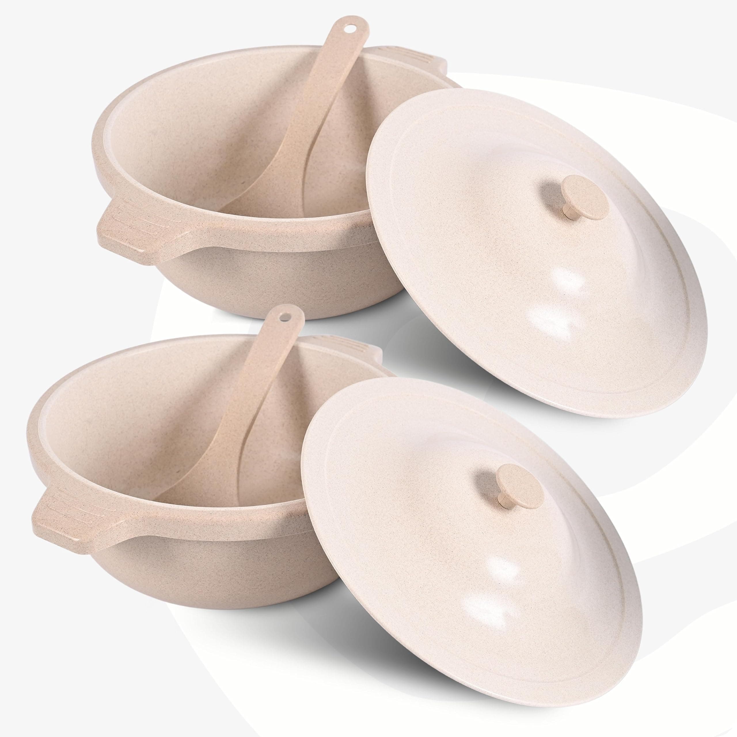 Eha Earth Friendly Serving Bowls with Lid | Microwave Safe | Made with Rice Husk and Bamboo Fibers | 2500 ml Each | Set of 2 | Sand Castle Beige