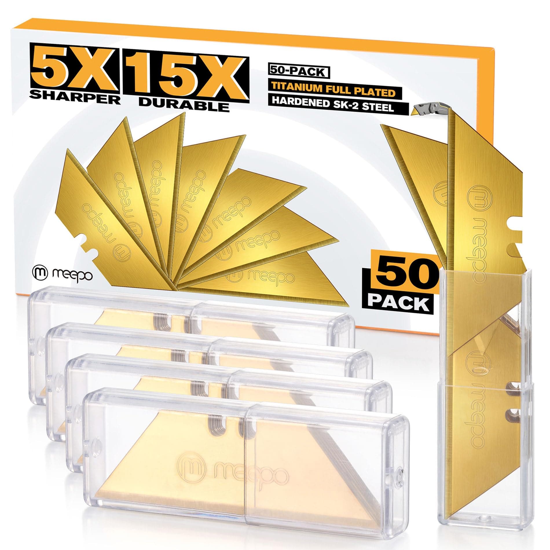 50-Pack Utility Knife Blades, Titanium Fully Plated, Durable SK-2 Razor Blades for Utility Knife Box Cutter, Never Rust, Extra Durable