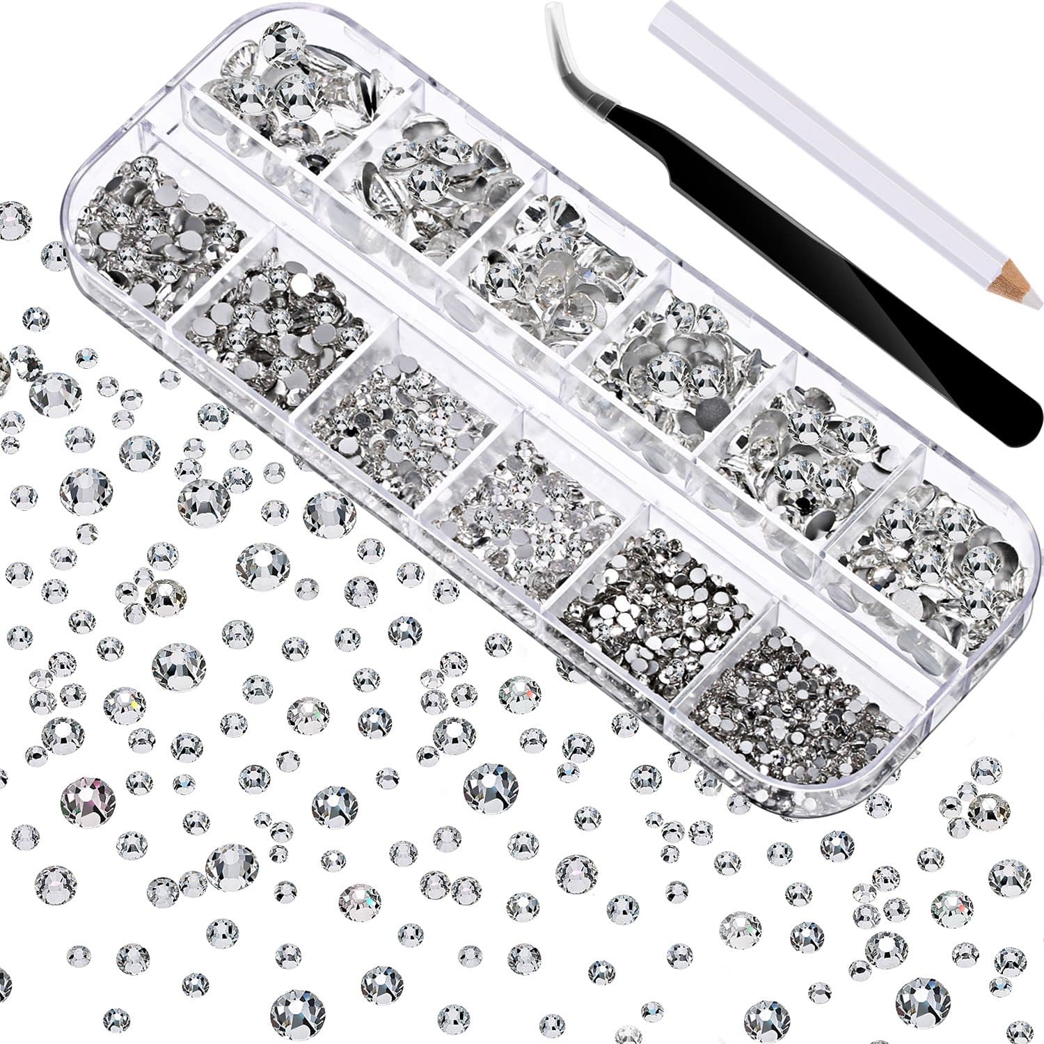 TecUnite 2000 Pieces Flat Back Gems Rhinestones 6 Sizes (1.5-6 Mm) Round Crystal Rhinestones with Pick up Tweezer and Rhinestones Picking Pen for Crafts Nail Clothes Shoes Bags DIY Art (Clear)