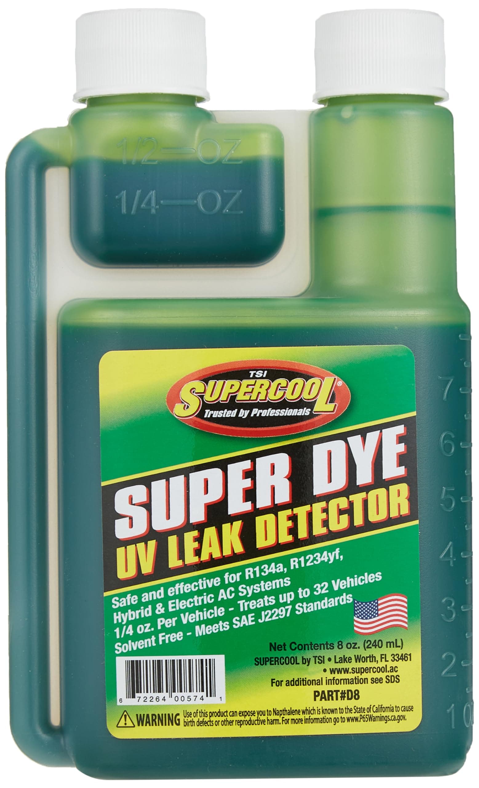 TSI Supercool D8 A/C U/V Dye Green (Self Measure Bottle) 8oz - Treats 32 Vehicles, Green