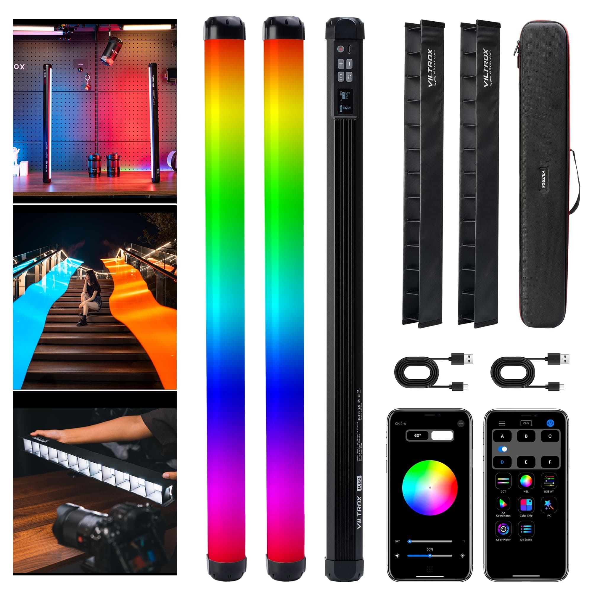 VILTROX K60 2 Pack Large Handheld Stick Light, 32Wh Rechargeable Battery 20W 1950lm RGB LED Video Light w PD Fast Charging CRI 97+ 2500K-8500K LCD Display, 22.8" Tube Light for Photography Light Wand