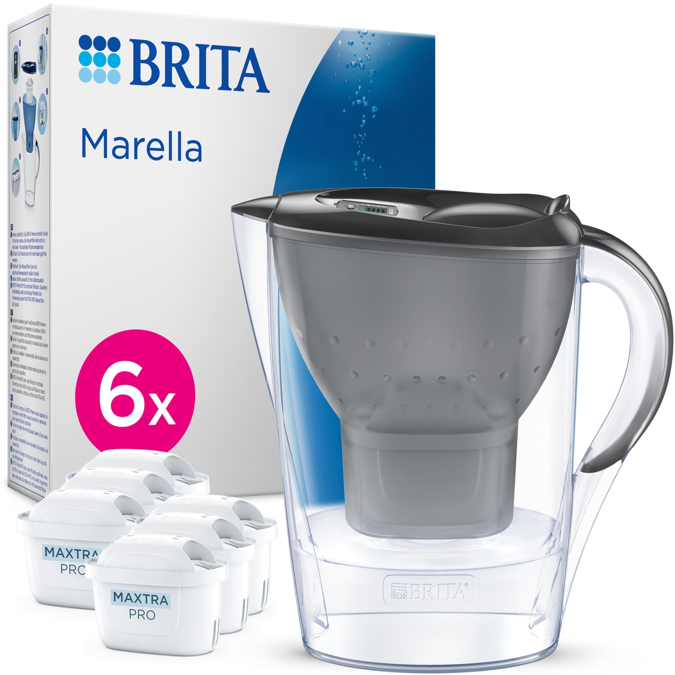 BRITA Marella Water Filter Jug Graphite (2.4L) Half Year Pack incl. 6x MAXTRA PRO Pure Performance cartridge - fridge-fitting jug with digital LTI and Flip-Lid - now in sustainable Smart Box packaging