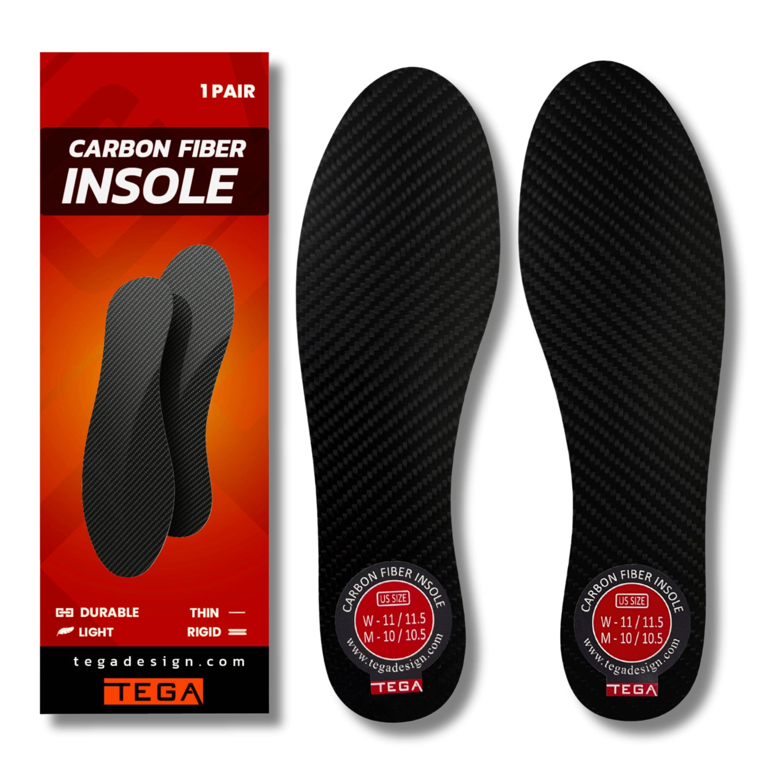 TEGA Carbon Fiber Insole (1 Pair) - for Turf Toe, Foot Fractures, Hallux Rigidus and Limitus - Rigid Shoe Insert for Sports, Hiking, Trekking, Basketball, Running - Alternative to Post Op Shoe, Black, 8.86" - 225mm - Women's Size 7, Men's 6