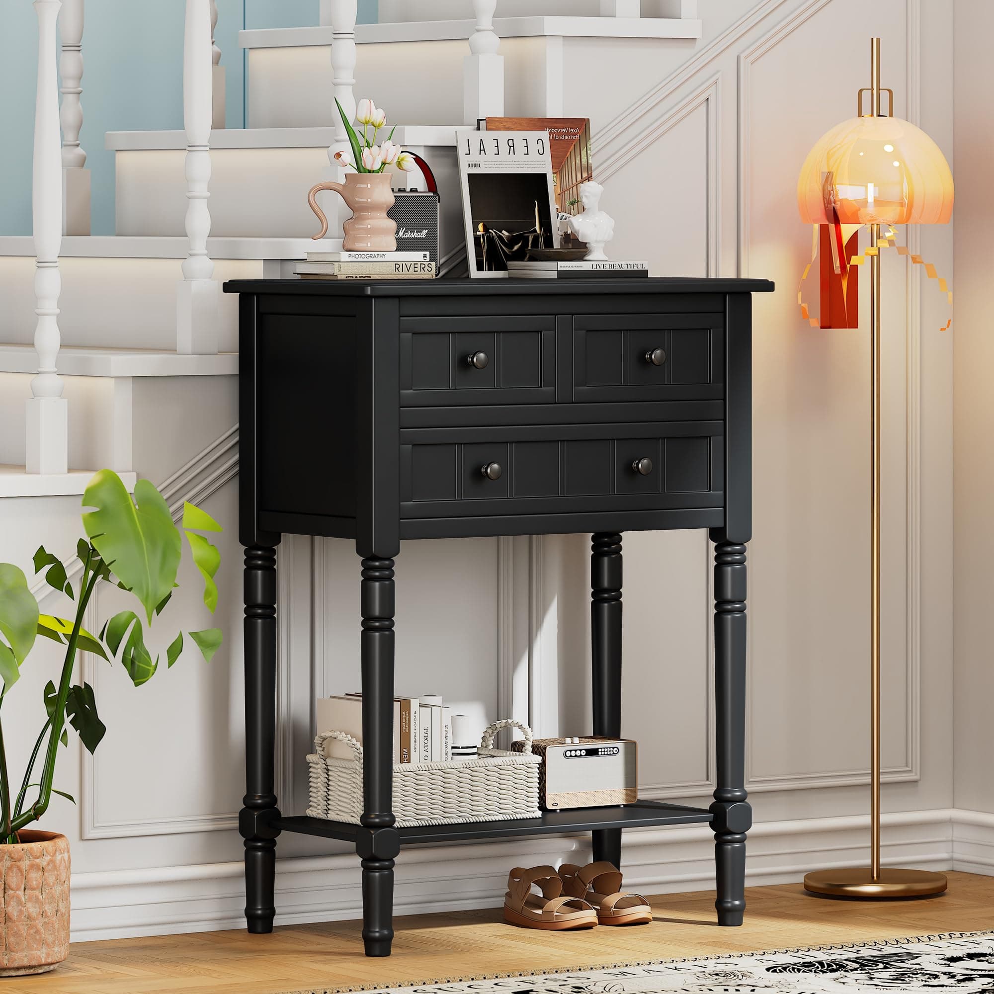 Knocbel Slim Antique Entry Console Table with 3 Drawers & Bottom Open Shelf, Solid Wood Narrow Sofa Couch Table for Entryway Hallway Living Room 23.7" W x 13" D x 31.4" H Black