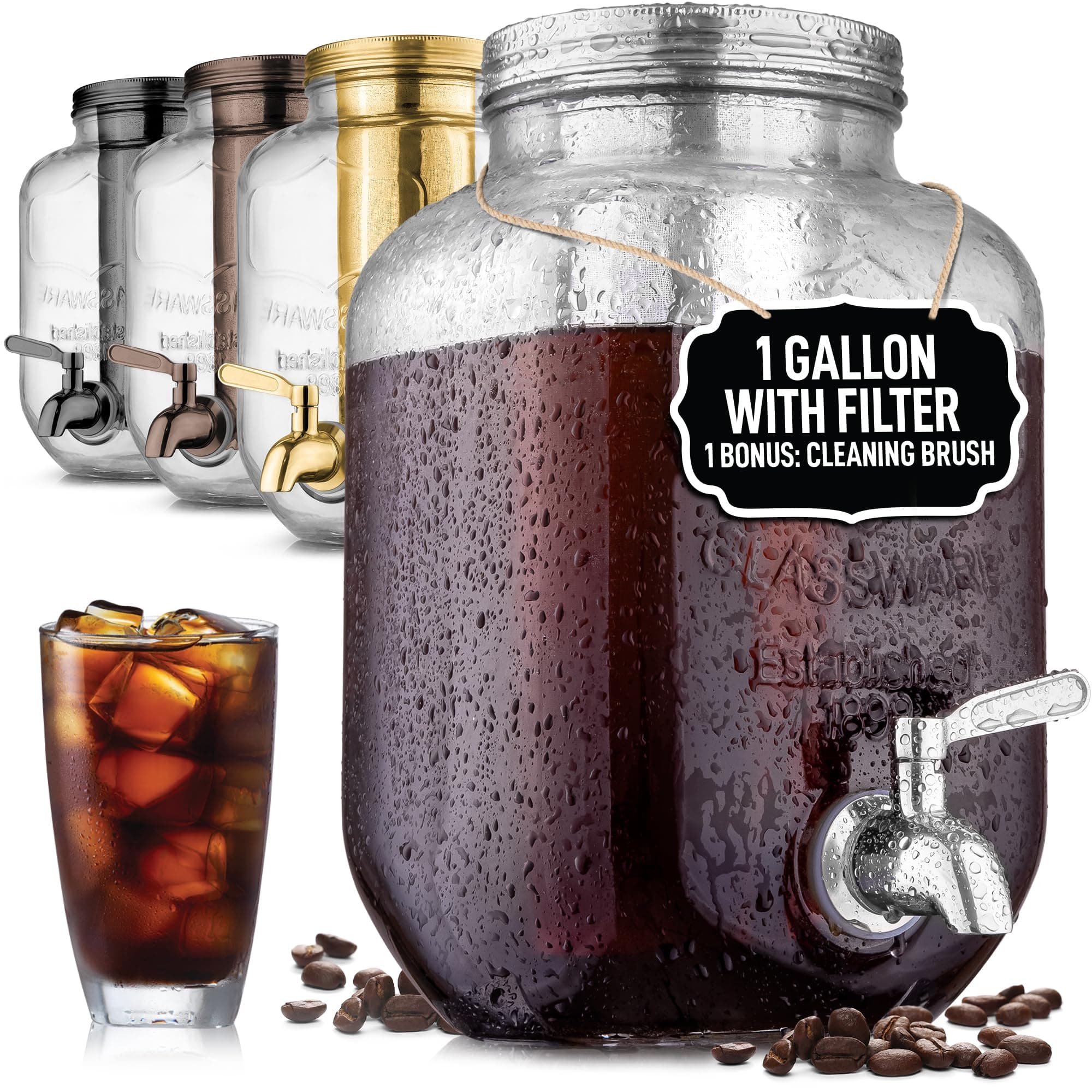 Zulay Kitchen1 Gallon Cold Brew Coffee Maker - Large Iced Tea & Cold Brew Pitcher with Extra-Thick Glass & Stainless Steel Infuser - Cold Brew Coffee Maker with Airtight Lid & Spout (Silver)