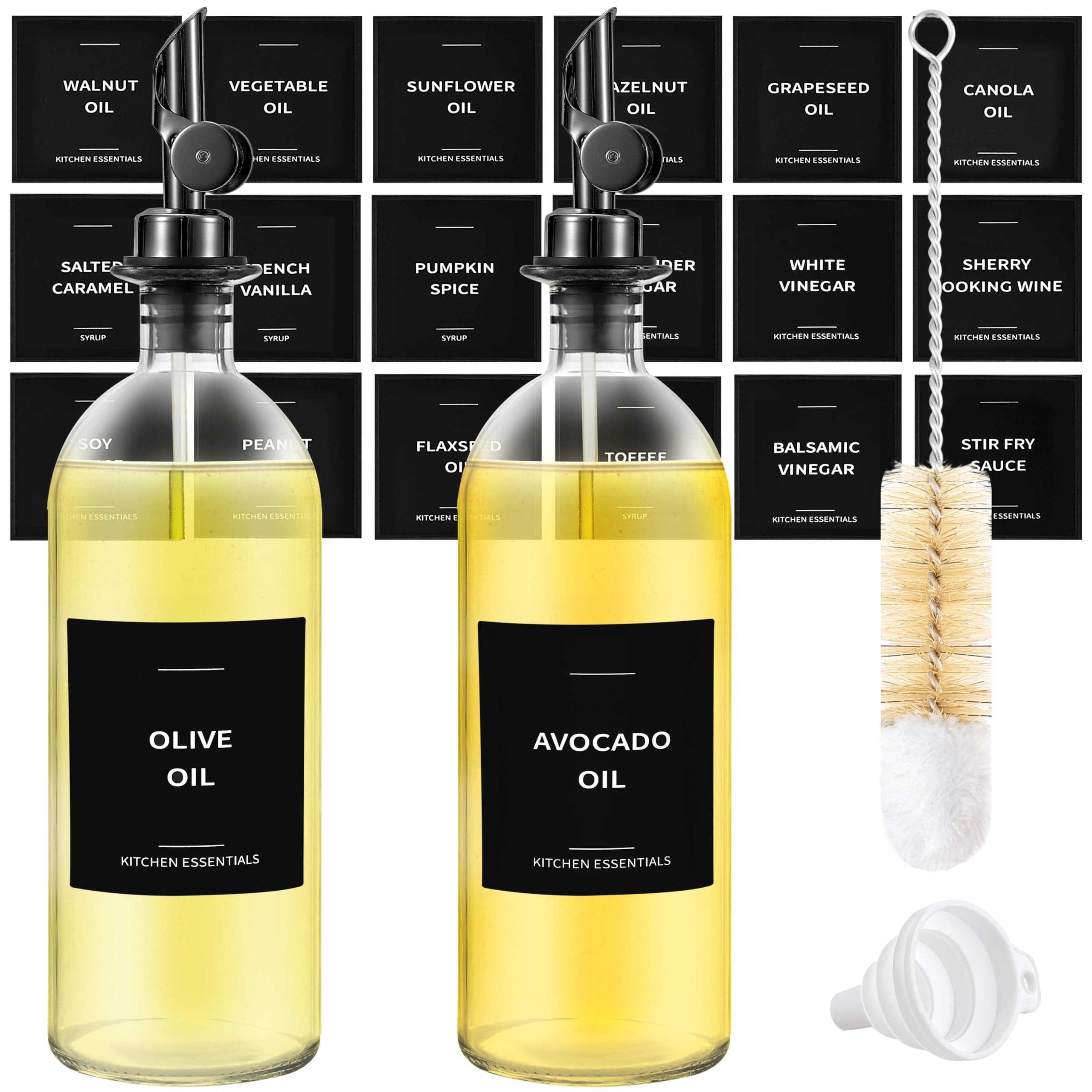 Olive Oil Dispenser Bottle - Includes 55 Kitchen Essential Labels - Cooking Oil Bottles for Kitchen, Coffee Syrup Dispenser - Pourer Spout with 16.9 fl oz Glass Container Cruet - 2pcs, Black