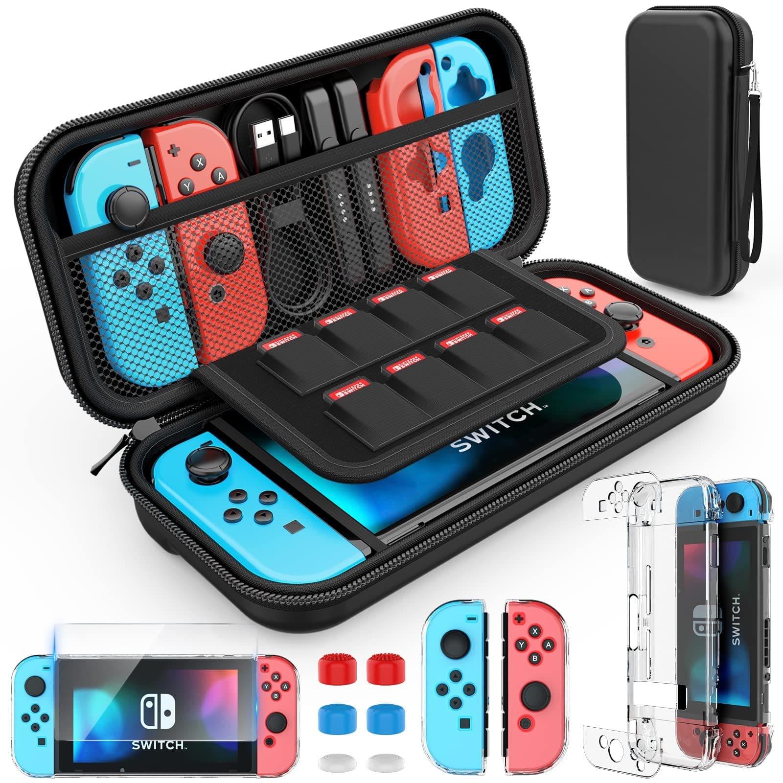 NALACAL Switch Case Compatible with Nintendo Switch, 9 in 1 Accessories kit with Carrying Case, Dockable Protective Case, HD Screen Protector and 6pcs Thumb Grips Caps