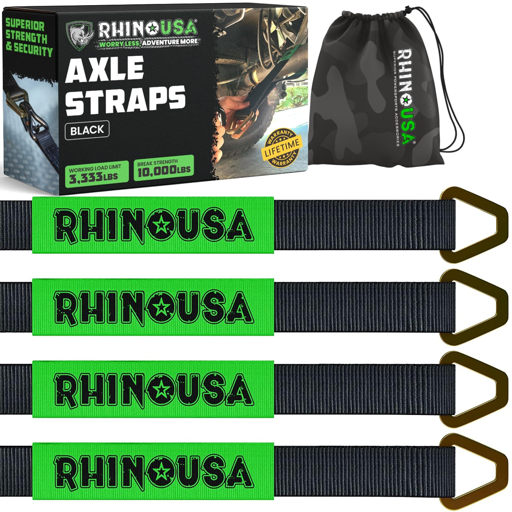 Rhino USA Axle Tie Down Straps - Lab Inspected 11,128lb. Break Strength - Heavy Duty Protective Sleeves & D Rings to Ensure Peace of Mind - Used for Car Engine Hoist, Truck, Trailer, UTV (4-Pack Set)