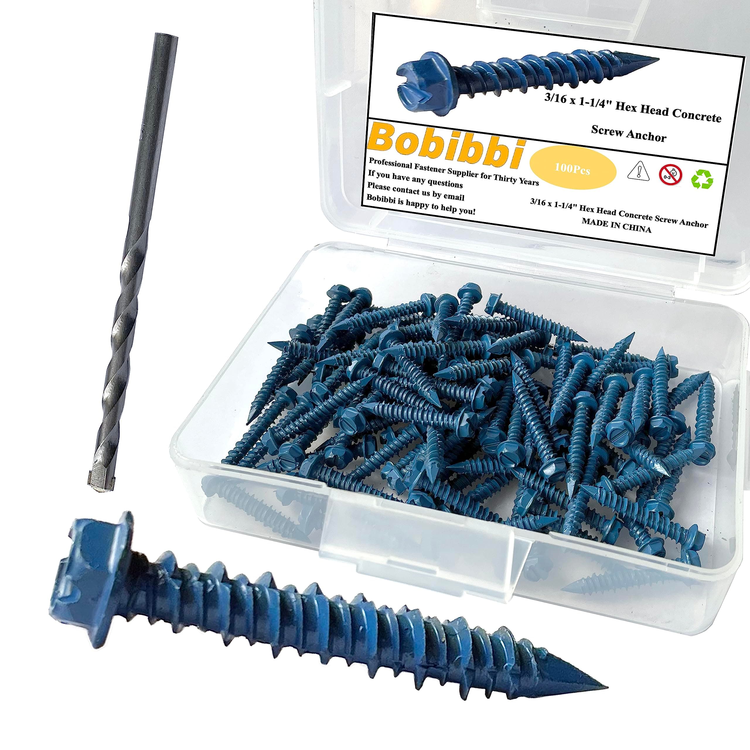 3/16 x 1-1/4 Inch Hex Head Concrete Screw Anchor for Masonry, Block or Brick Anchor (100Pcs)