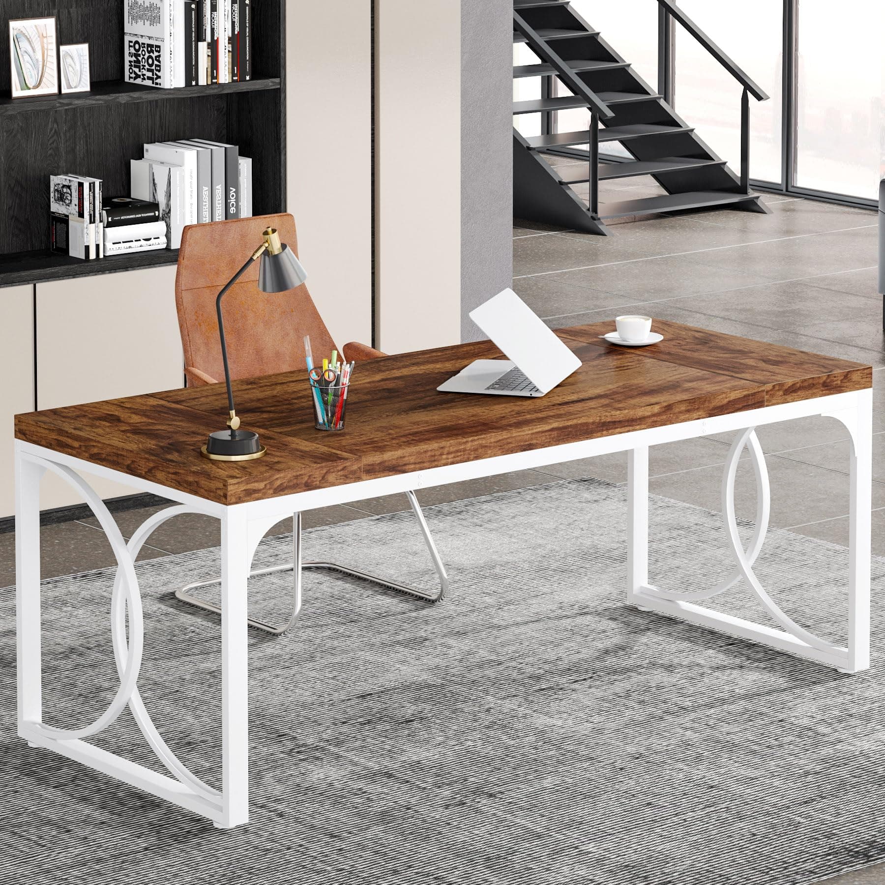 Tribesigns 63" Executive Desk, Large Office Computer Desk with Strong Metal Frame, Modern Thicken Wood Workstation Business Furniture for Home Office, Easy Assembly (Walnut & White)