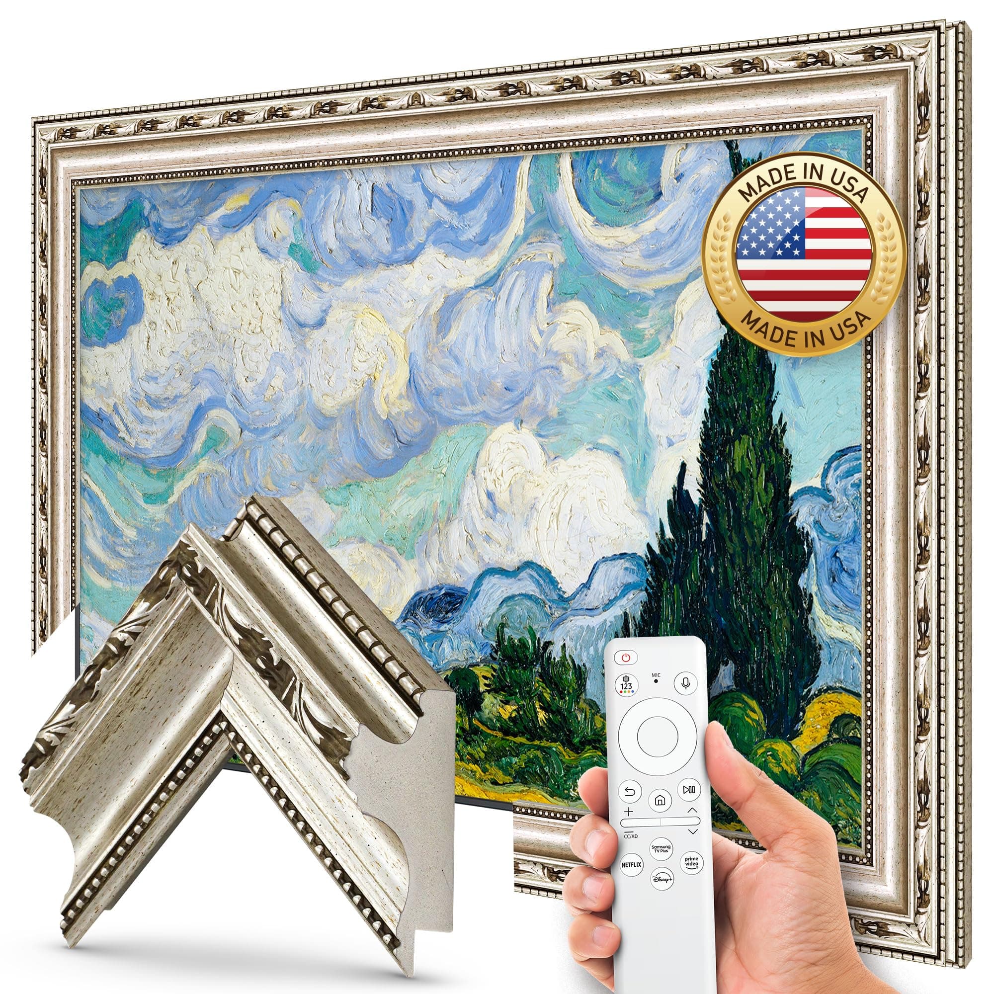 Frame My TV Deco TV Frames - Ornate Silver Smart Frame Compatible ONLY with Samsung The Frame TV (3" Color Chip, 3")