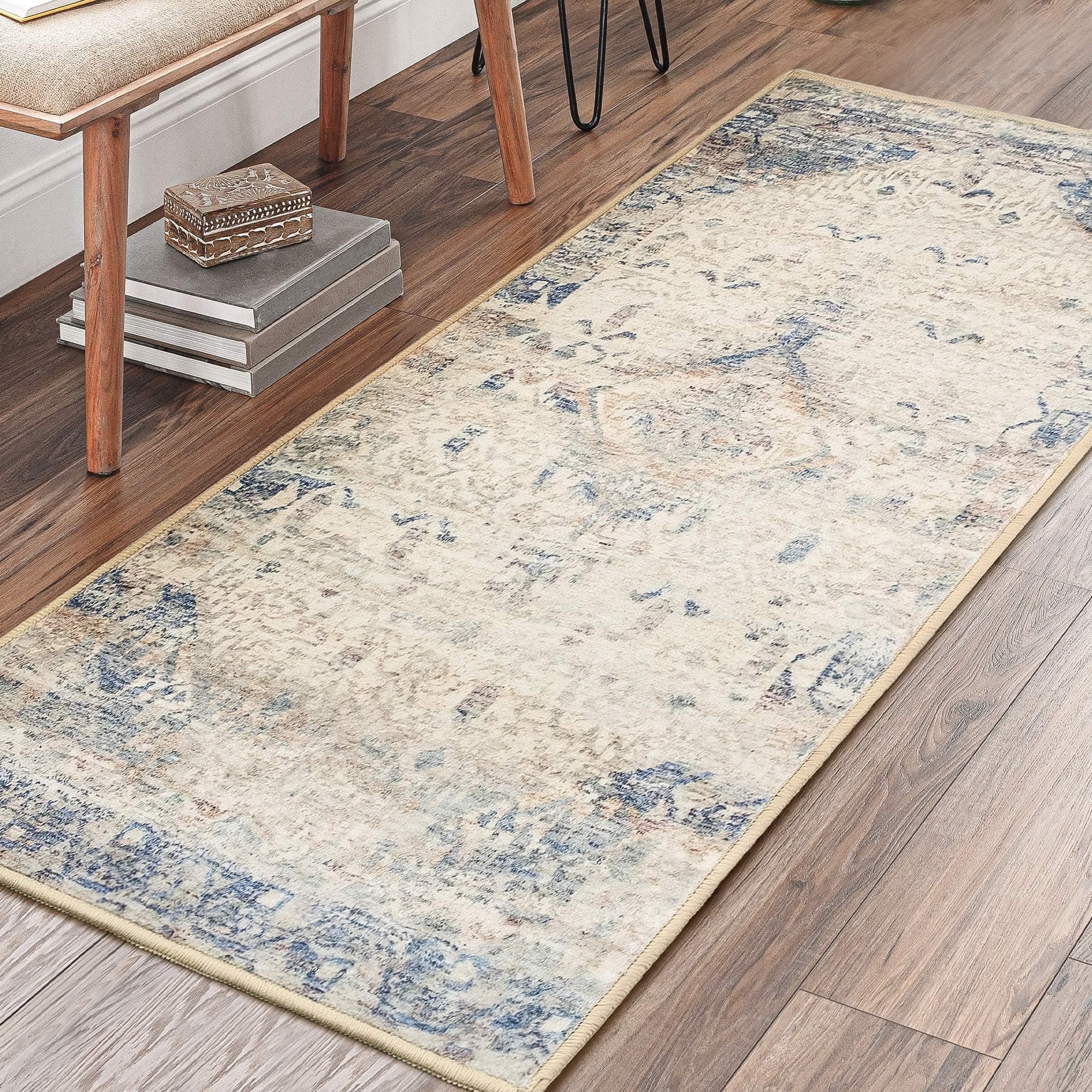 RORAArea Rug 2x4 Non-Slip Machine Washable Boho Distressed Neutral Area Rug Hallway Runner Rug for Bedroom Kitchen Bathroom Entryway Low Profile