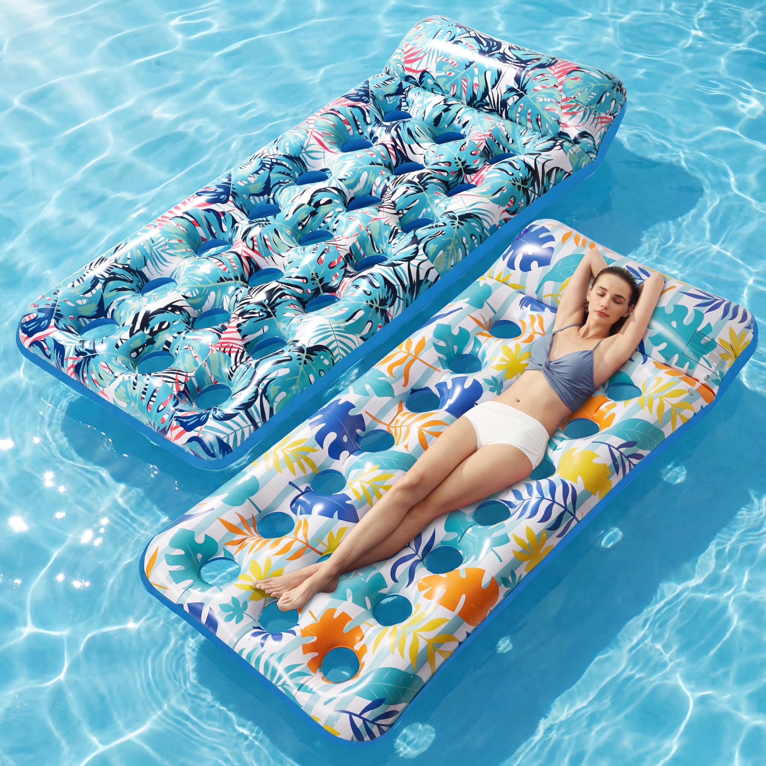 2 Pack Inflatable Pool Float Mat, Giant Pool Floats Adult Size with Headrest, Lake Float Raft Water Lounger, Multi-Purpose Swimming Pool Floats Toys for Pool Party, Summertime Beach, Outdoor