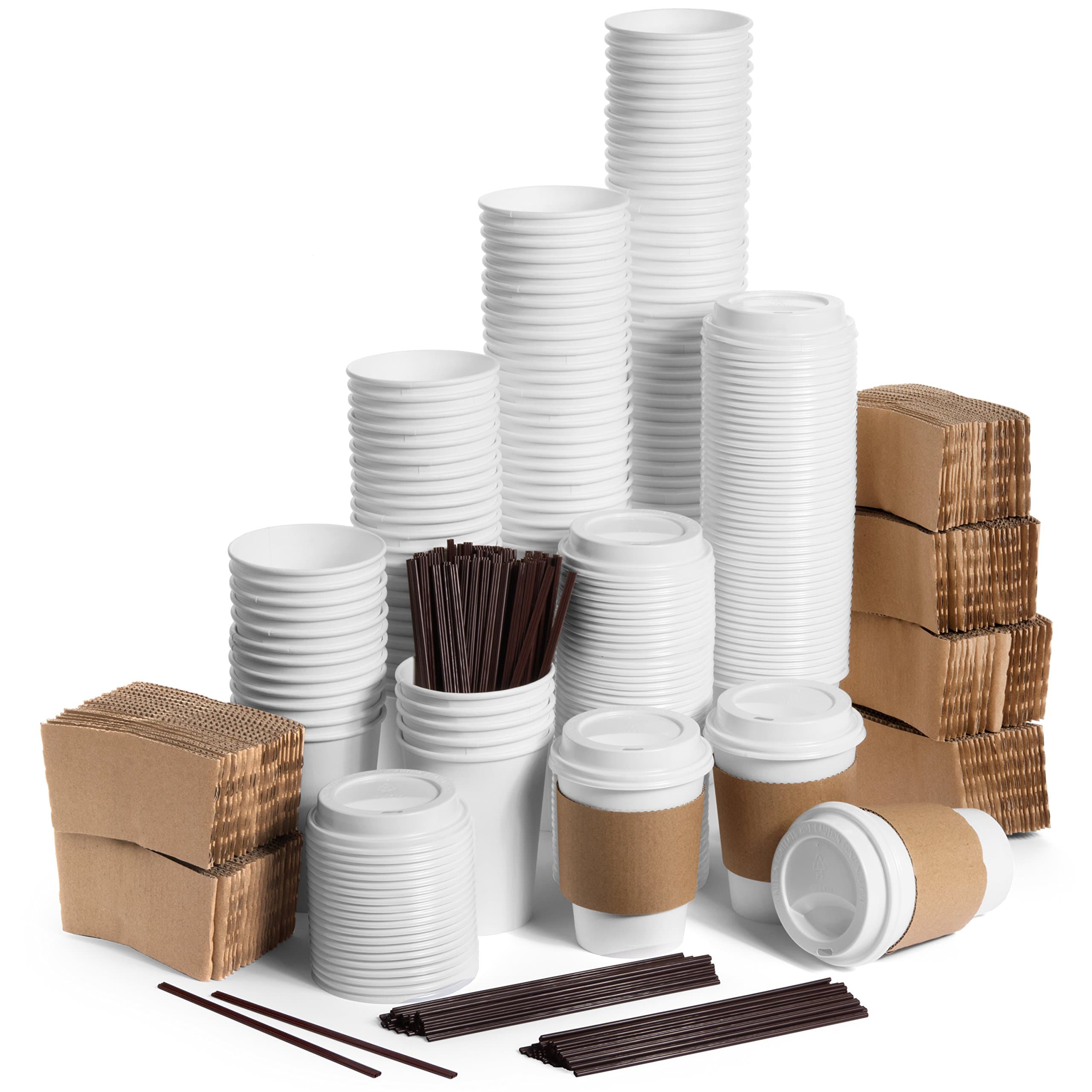 Average Joe Disposable Coffee Cups with Lids - 120 Pack - 12 Oz Paper Coffee Cups, Lids, Sleeves and Stirrers - White To Go Cups, White Lids, Blank Coffee Sleeves to Personalize - Keeps Coffee Hot