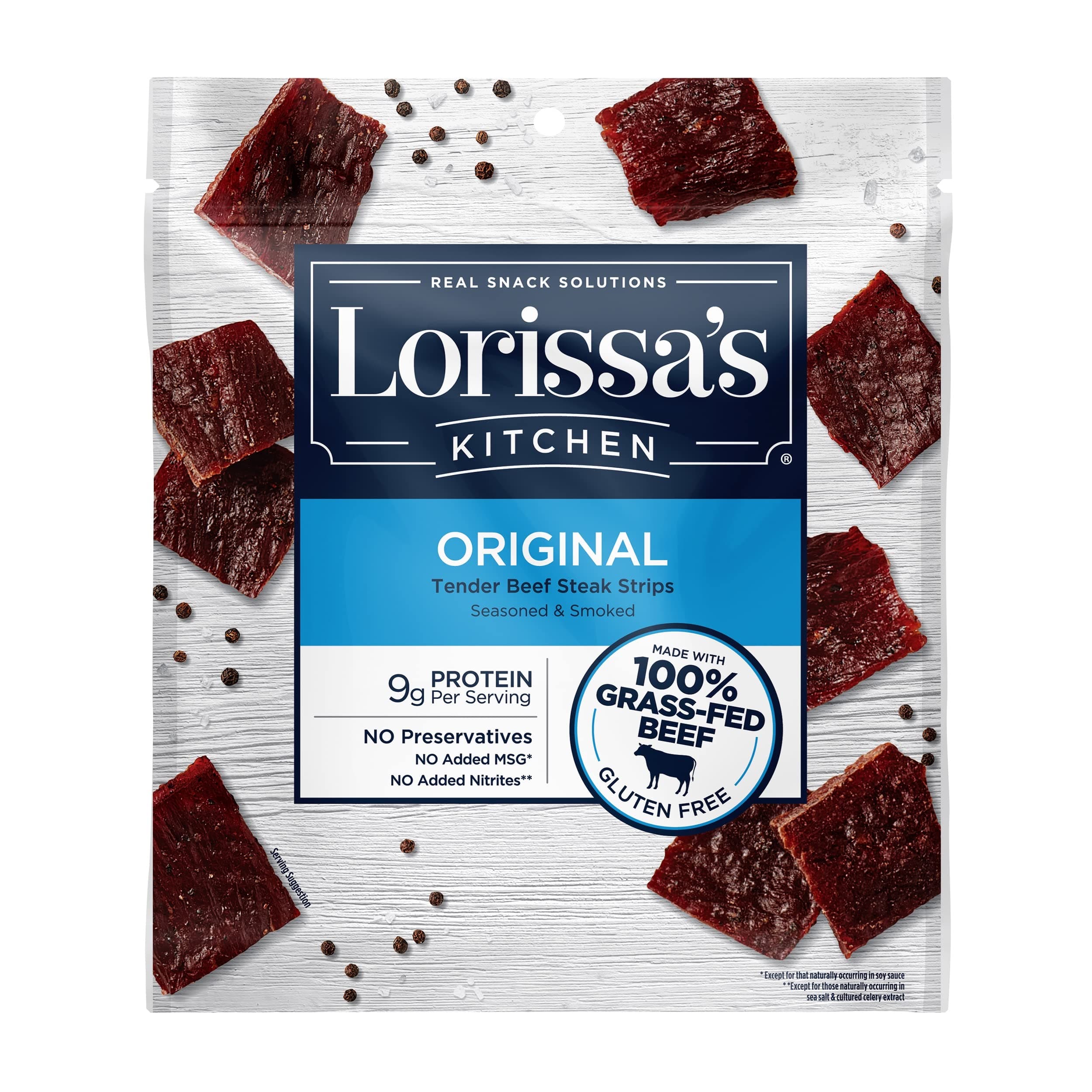 Lorissa's Kitchen Grass-Fed Premium Steak Strips, Original, 2.25 Ounce, 1 Count - 100% Grass-Fed Beef Snacks, No Added Nitrites - Keto Friendly Snacks, Gluten Free, More Tender Than Traditional Jerky (Packaging May Vary)