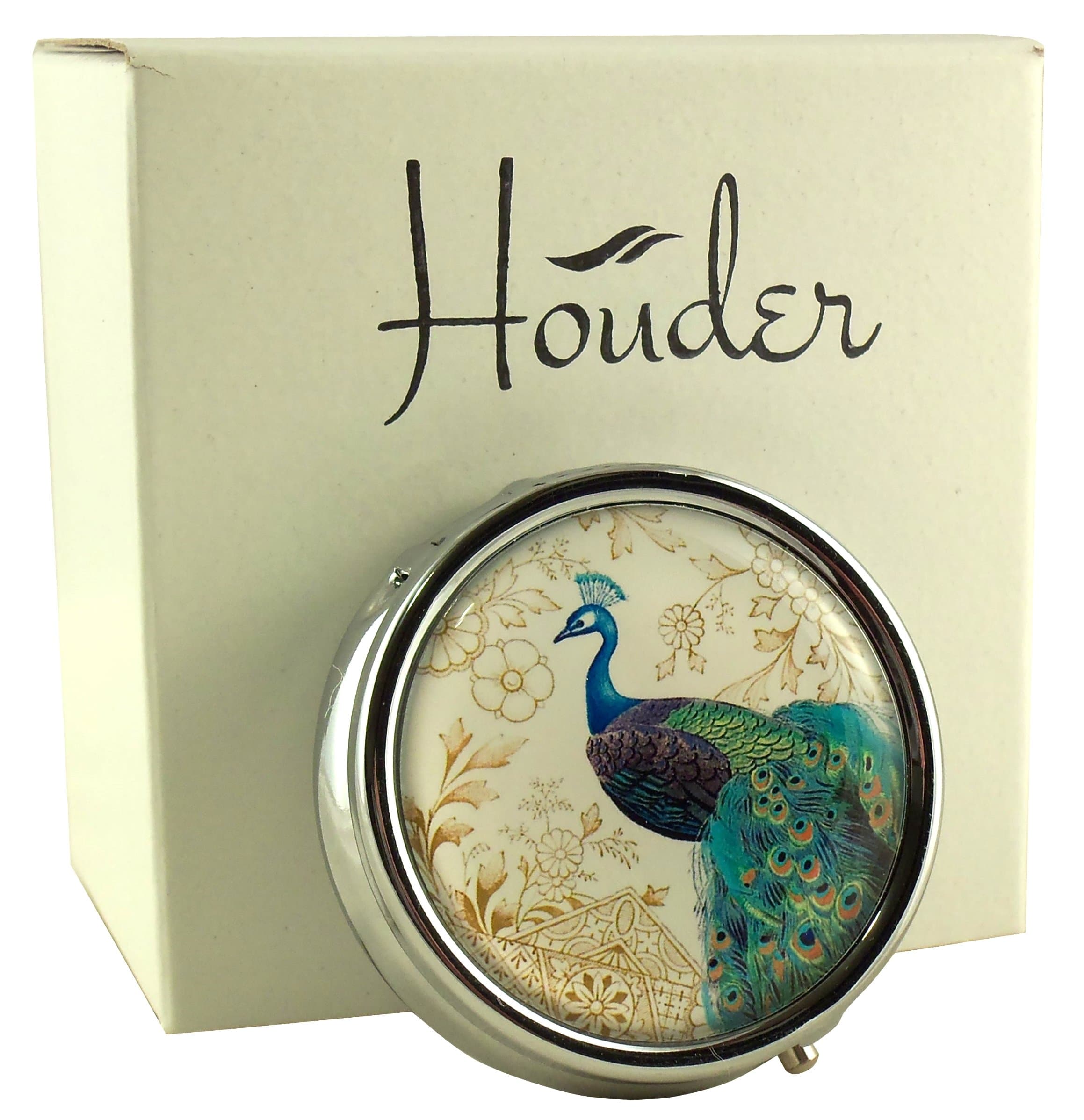 Designer Pill Box by Houder - Decorative Pill Case with Gift Box - Carry Your Meds in Style (Peacock)