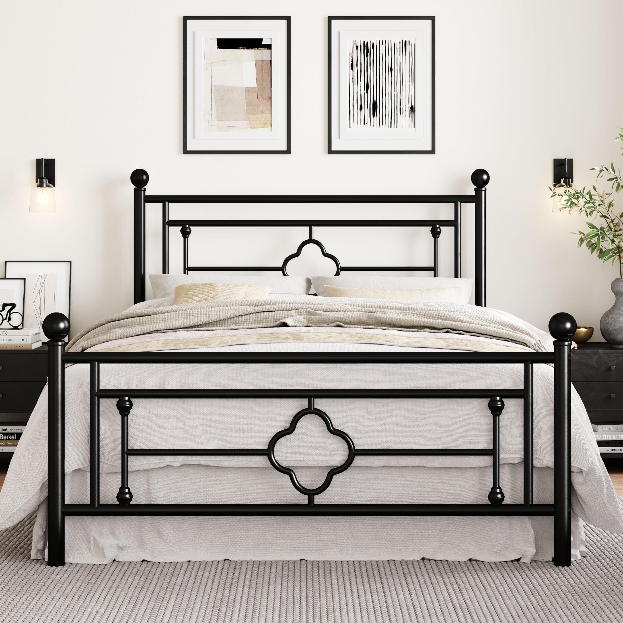 SHA CERLIN 14 Inches Full Size Metal Platform Bed Frame/Vintage Iron-Art Headboard and Footboard/Mattress Foundation for Storage/No Box Spring Needed/Noise-Free/Easy Assembly/Black