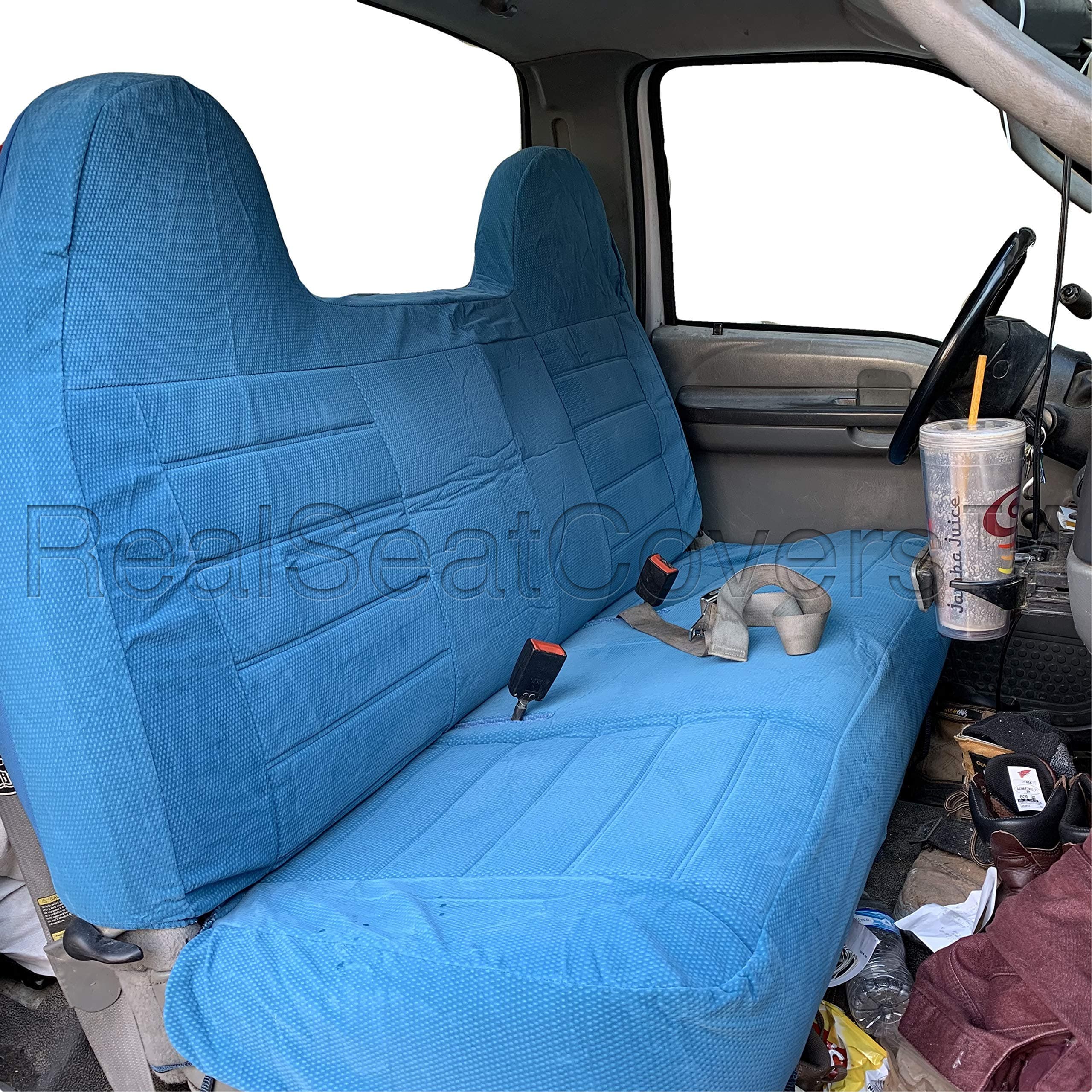 RealSeatCovers for Pickup Front Solid Bench Thick F23 RealSeatCoverss High Back Belt Cutout Custom Made Seat Cover for 1992-2010 Ford F-Series F150 - F550 (Blue)