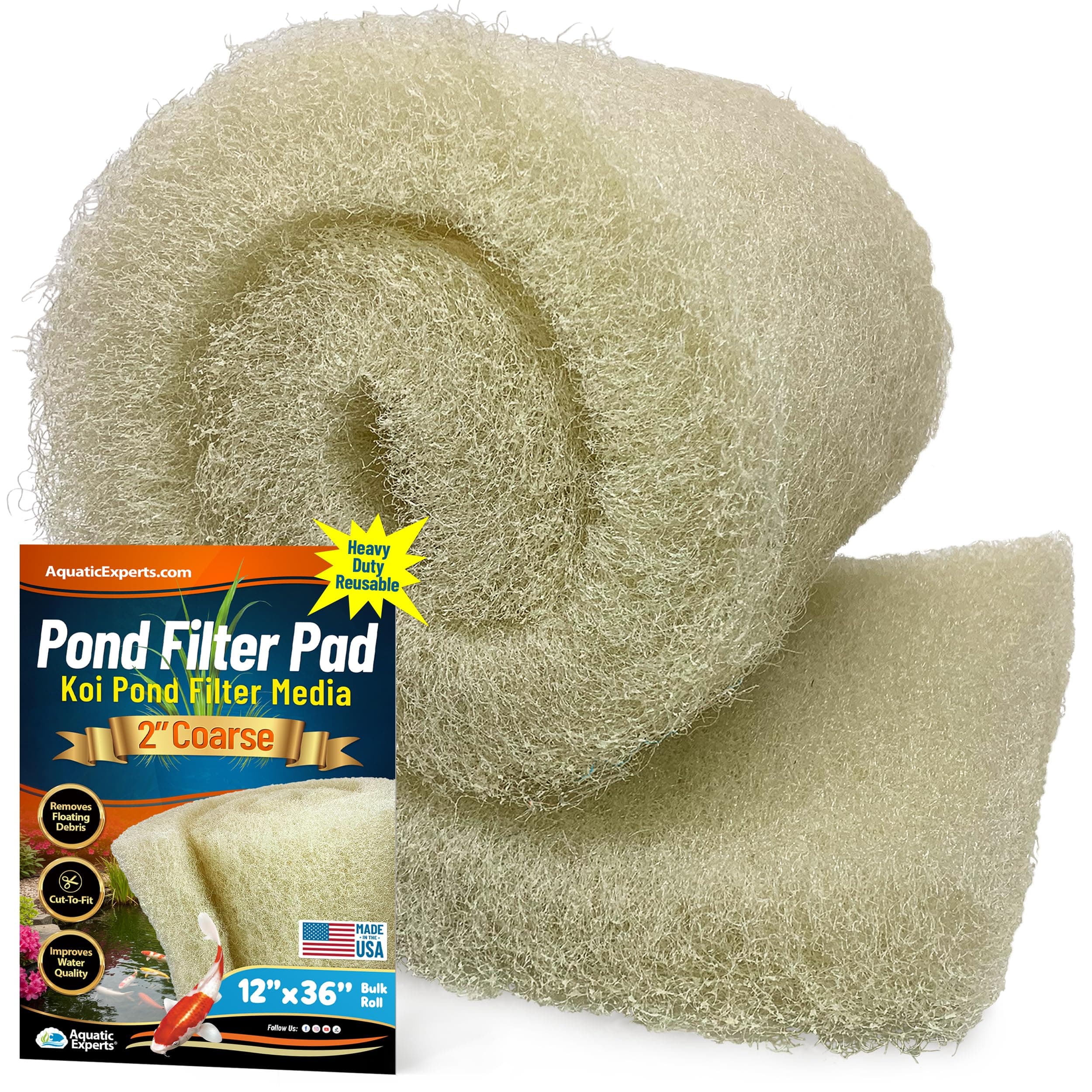 Aquatic Experts Cream COARSE Pond Filter Pad - 2 inch Thick - Bulk Roll Water Garden Filter Pond Media - Made in USA, (12" x 36")
