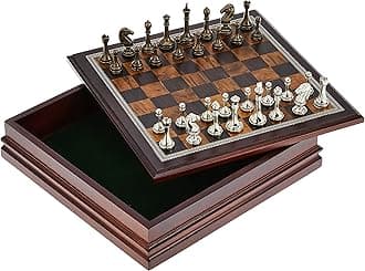 Metal Chess Set with Deluxe Wood Board and Storage - 2.5" King, Gold/Silver/Brown (985)
