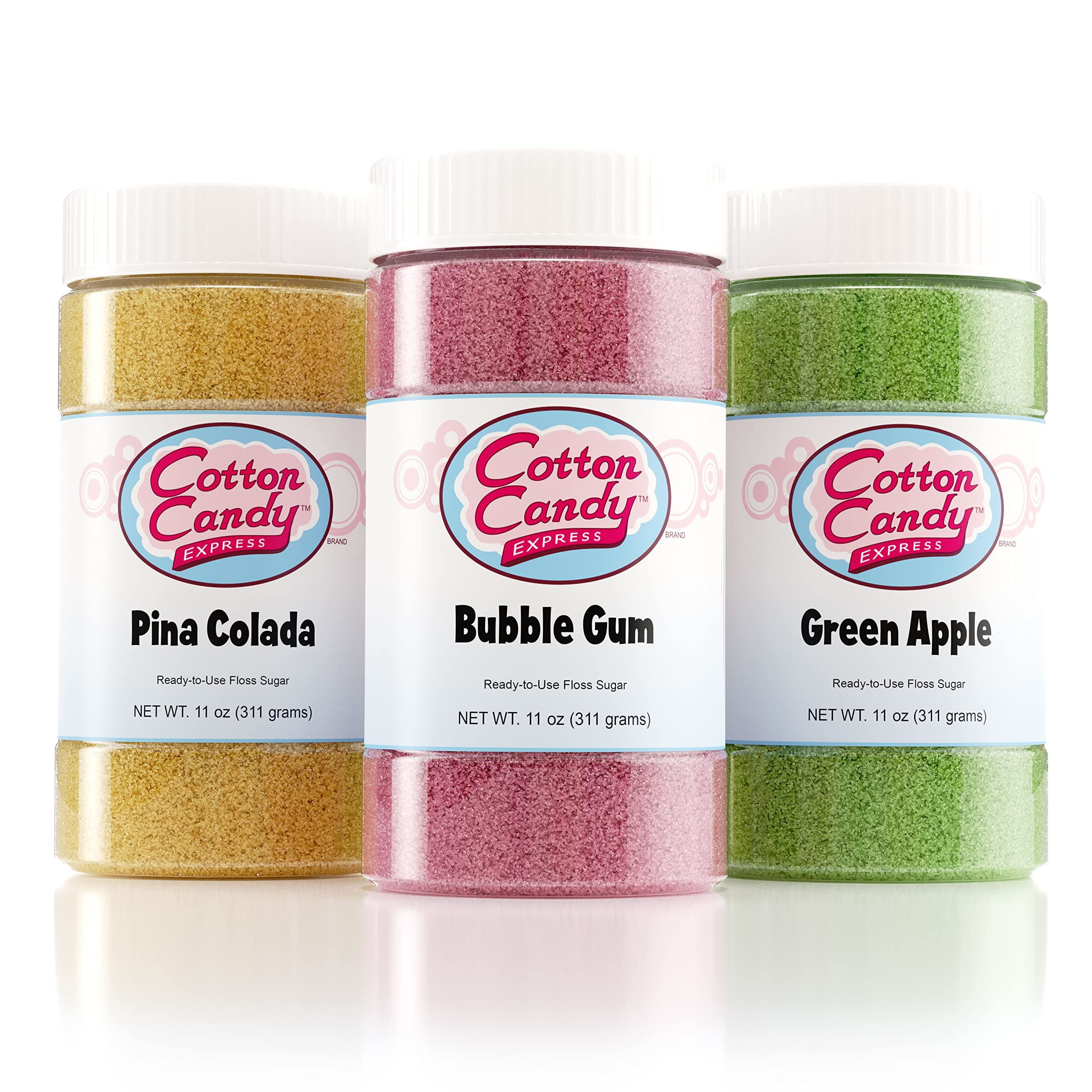 Cotton Candy Express Floss Sugar Variety Pack with 3 - 11oz Plastic Jars of Bubble Gum, Green Apple, Pina Colada Flossing Sugars. Use With Cotton Candy Express Countertop Machine
