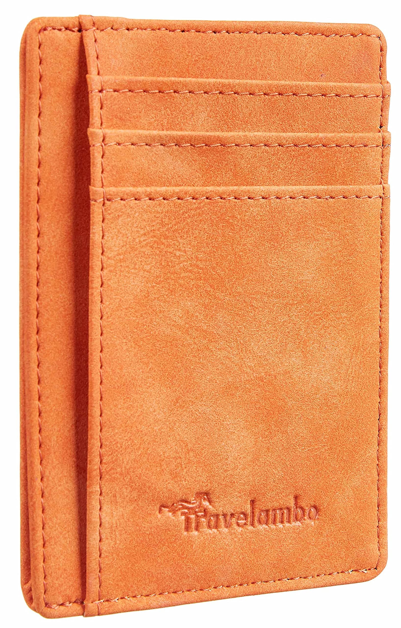 Travelambo Front Pocket Minimalist Leather Slim Wallet RFID Blocking Medium Size Card Holder Gifts for Men (Orange), Clothing-Posinu-000011584