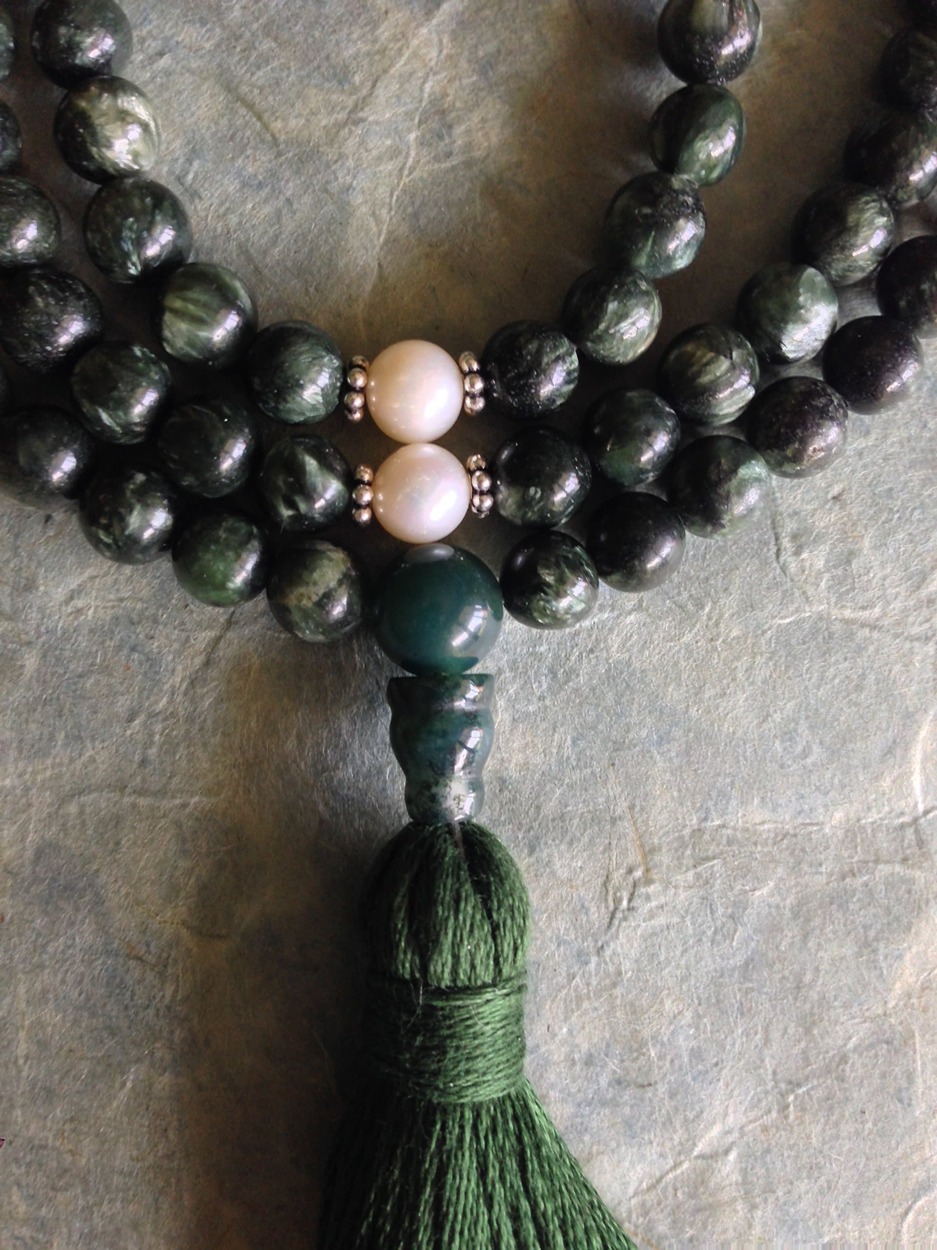 Seraphinite and Pearl Mala Angel Wing Gemstone