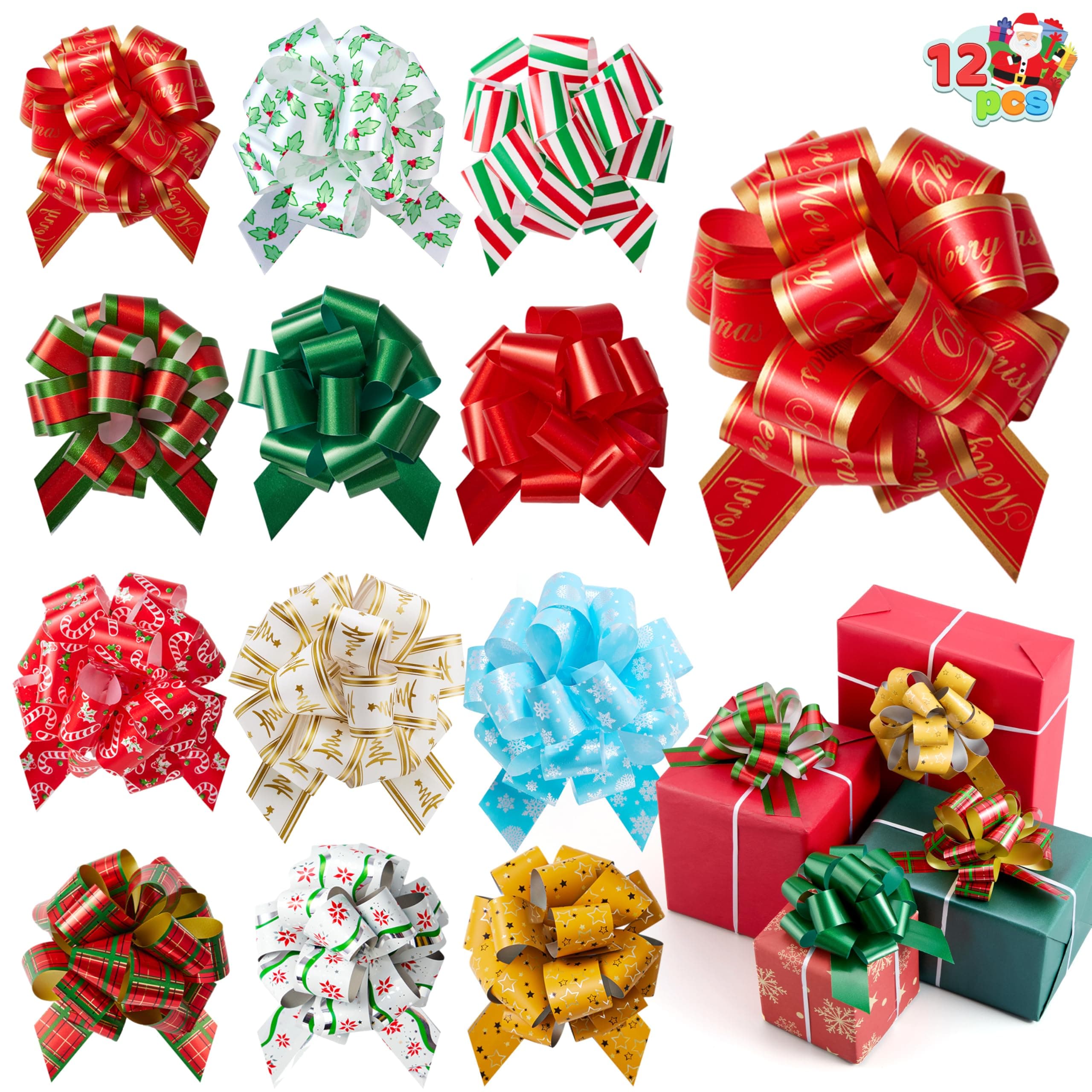 JOYIN 12 PCS Large Christmas Pull Bows with Ribbon 5” Wide for Gift Wrapping and Tags, Christmas Tree, Wine Bottles, Boxing Day Decorations, Holiday Décor Present Wrapping