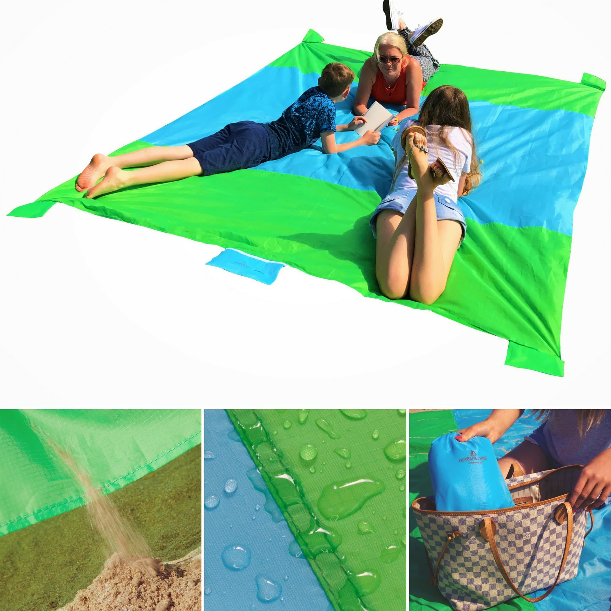 Sand Proof Beach Blanket Oversized Waterproof Light & Compact, Perfect Picnic Blanket, Valuables Pocket with Zipper, 4 Stakes, 4 Anchor Loops, Sand Pockets & Bag – XXL 9’x7’ Beach, Camp, Park, Lake
