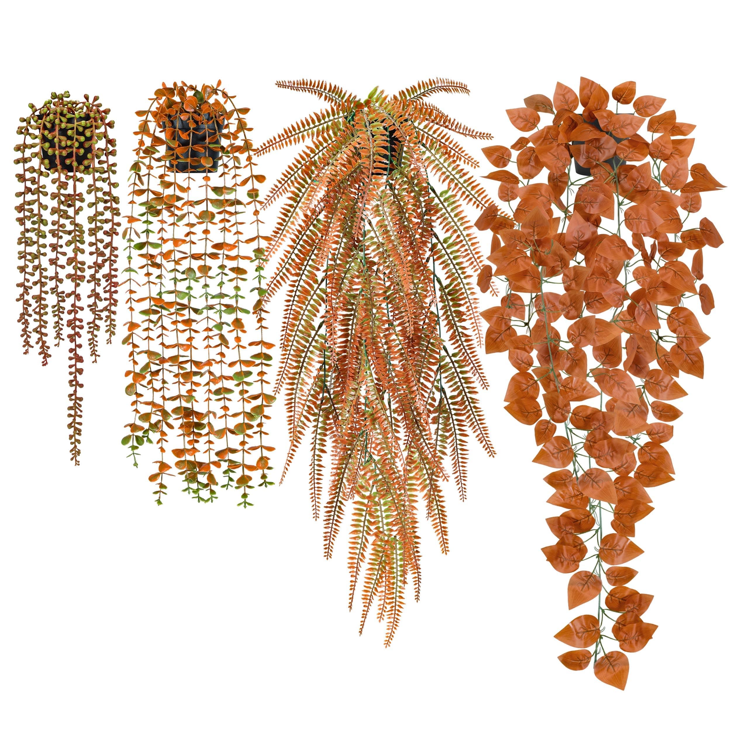 Der Rose 4Pcs Fake Fall Plants Hanging Orange Artificial Eucalyptus Plants, Boston Fern, Fake Potho, String of Pearls for Halloween Bathroom Table Centerpiece Wall Mantle Decor Indoor and Outdoor