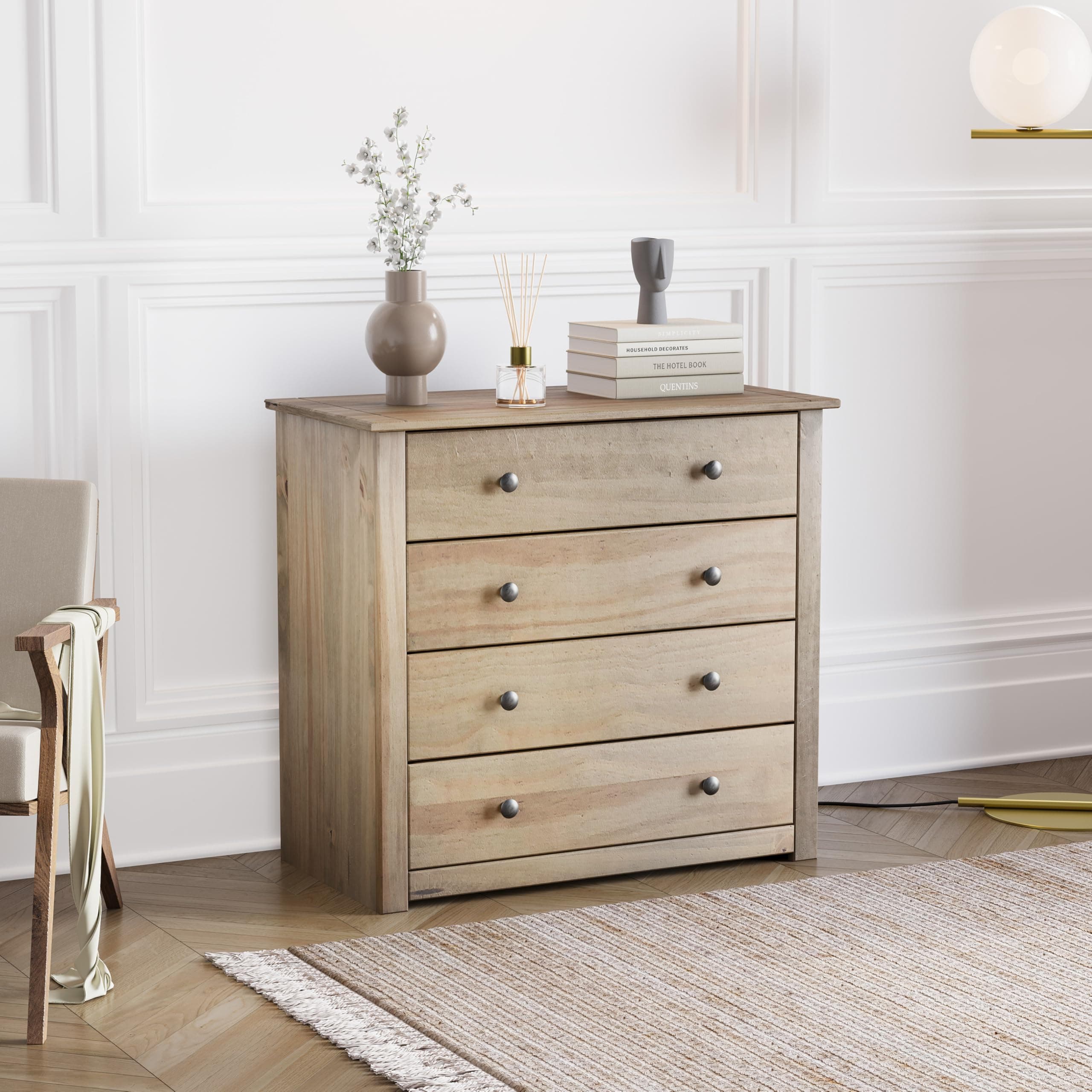 Vida Designs Panama 4 Drawer Chest Solid Pine Wood, Bedroom furniture, Waxed Oak Finish