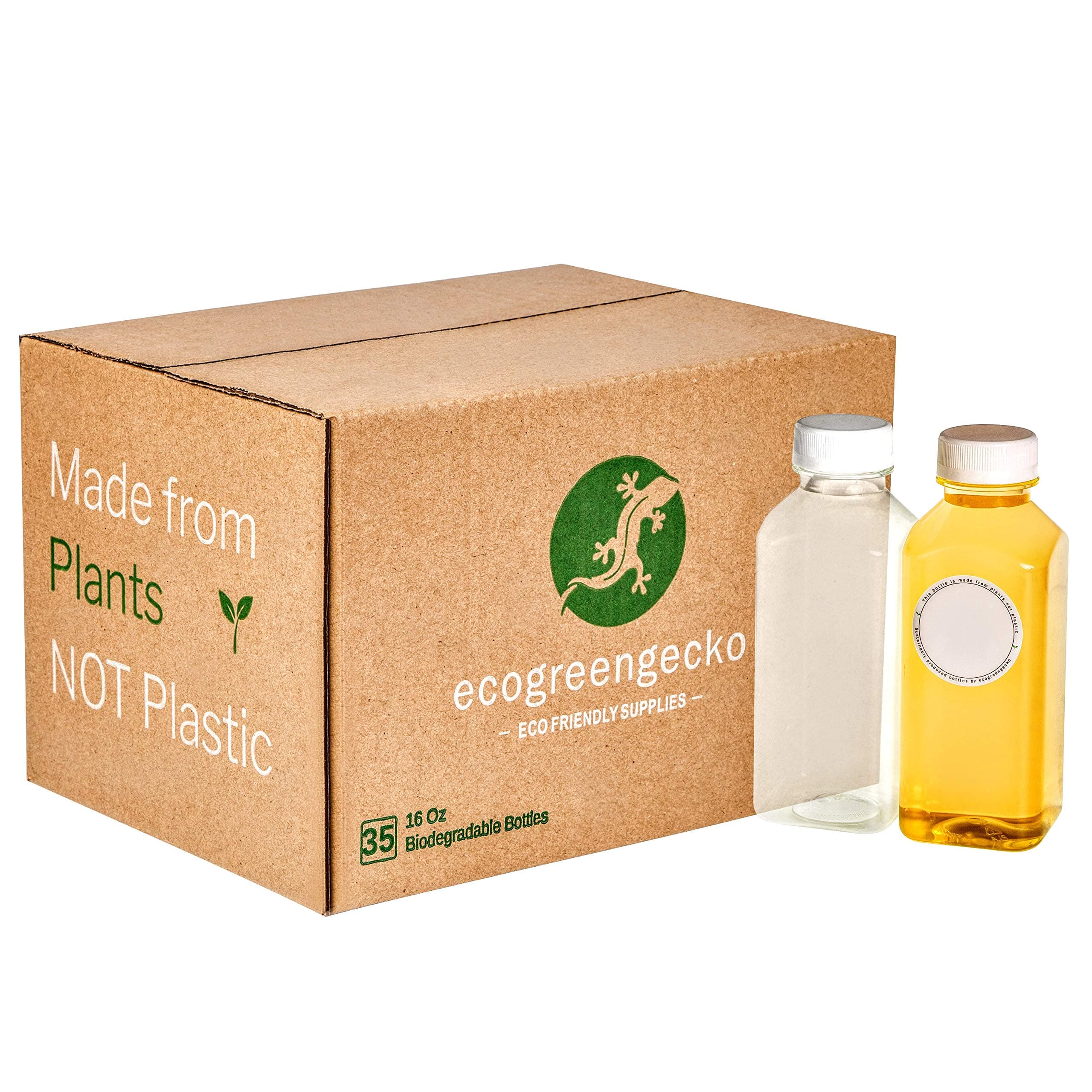 16 Oz Empty COMPOSTABLE Non Plastic Clear Juice Bottles 35 Bulk Pack - Reusable with Lids & Labels. Eco-Friendly, Biodegradable, Plant Based Alternative. Perfect for Drinks, Water, Smoothies, Juicing