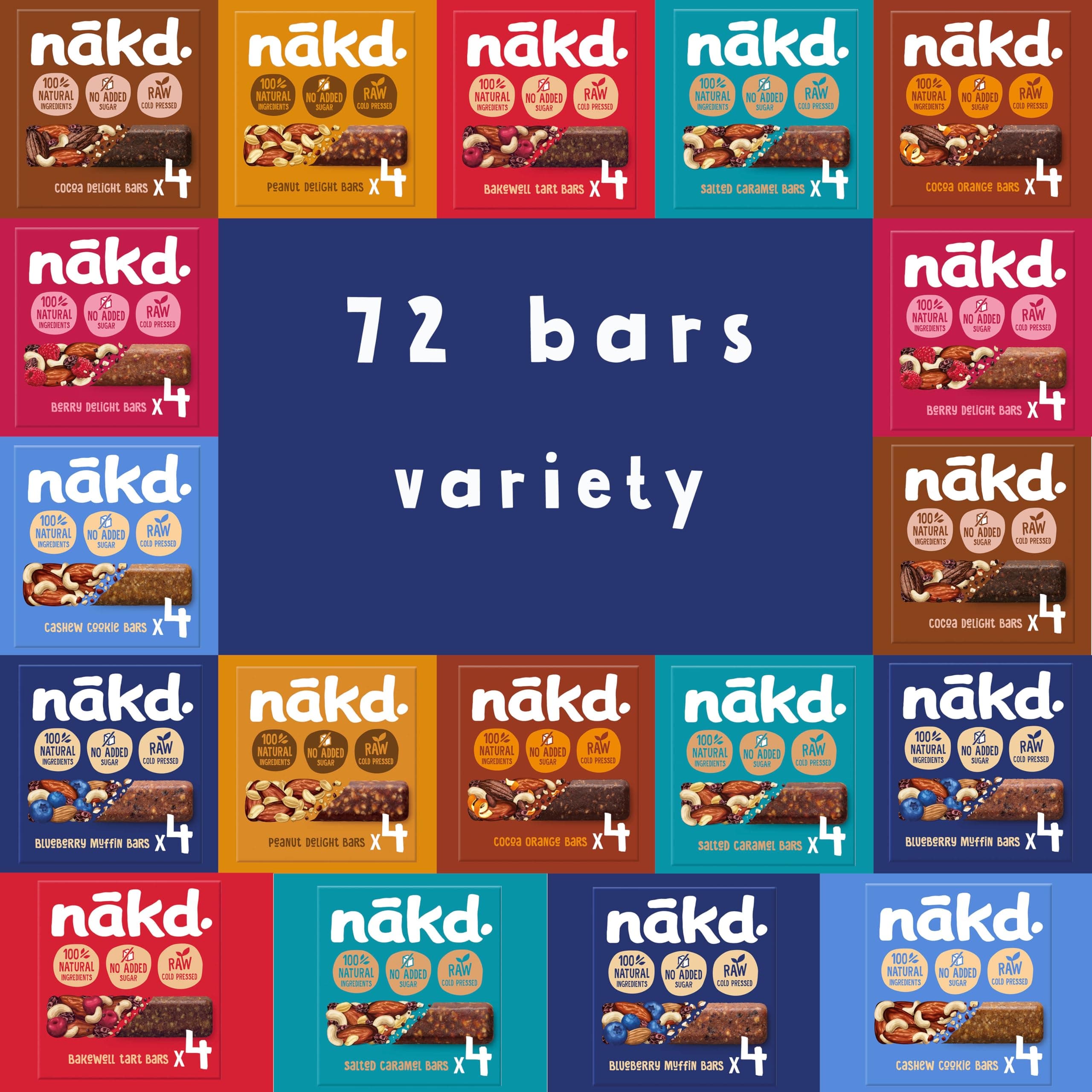 Nakd Bars 72 - Nakd Fruit And Nut Bars 72 x 35g. Low Calorie Snacks, Breakfast, Snack Bars that are Vegan, Dairy Free, Wheat Free, Gluten Free.