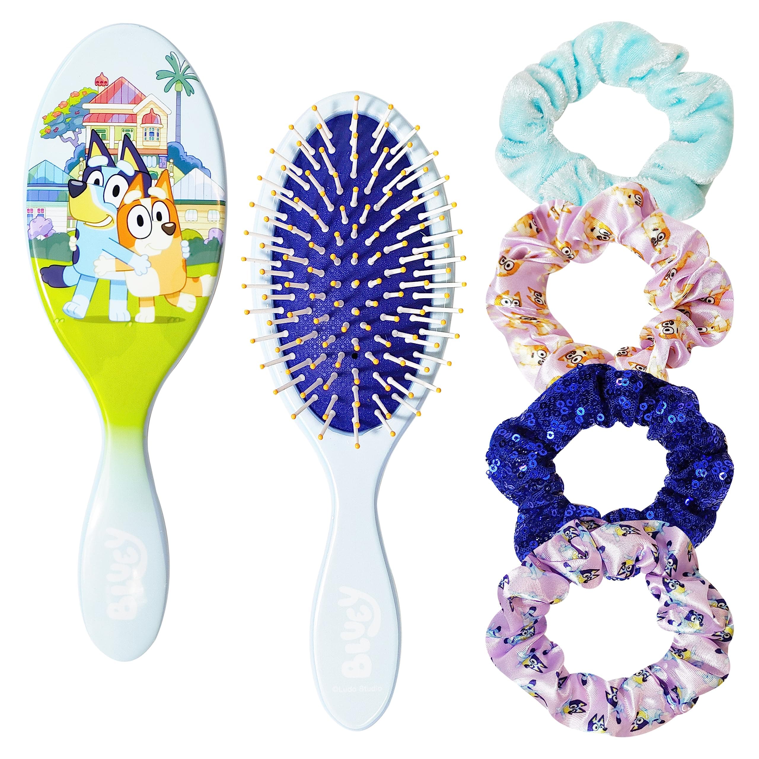 Bluey Hair Accessory 5 Pcs Set - 1 Regular 9 inch Bluey HairBrush For Girls + 4 Bluey Scrunchies For Kids - Accessories For Girls - Detangling Brush - Elastic Hair Ties Ropes Scrunchies Ages 3+